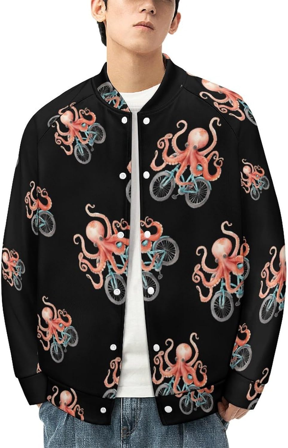 Cycling Cute Octopus Novelty Men's Baseball Jackets Causal Sweatshirt Button Top Long Sleeve Coat