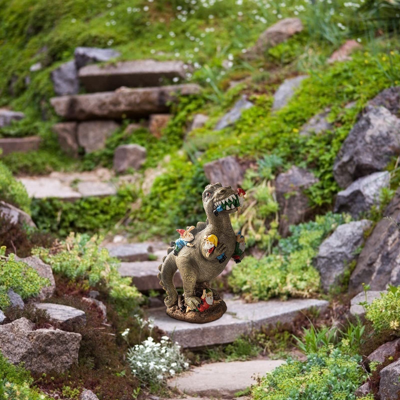 Estatua decoración Mini estatuas de gnomos de jardín para decoración al Aire Libre, Resina Dinosaurio Comiendo gnomos figuritas esculturas Patio jardín decoración del hogar 15x5x6cm Adornos de