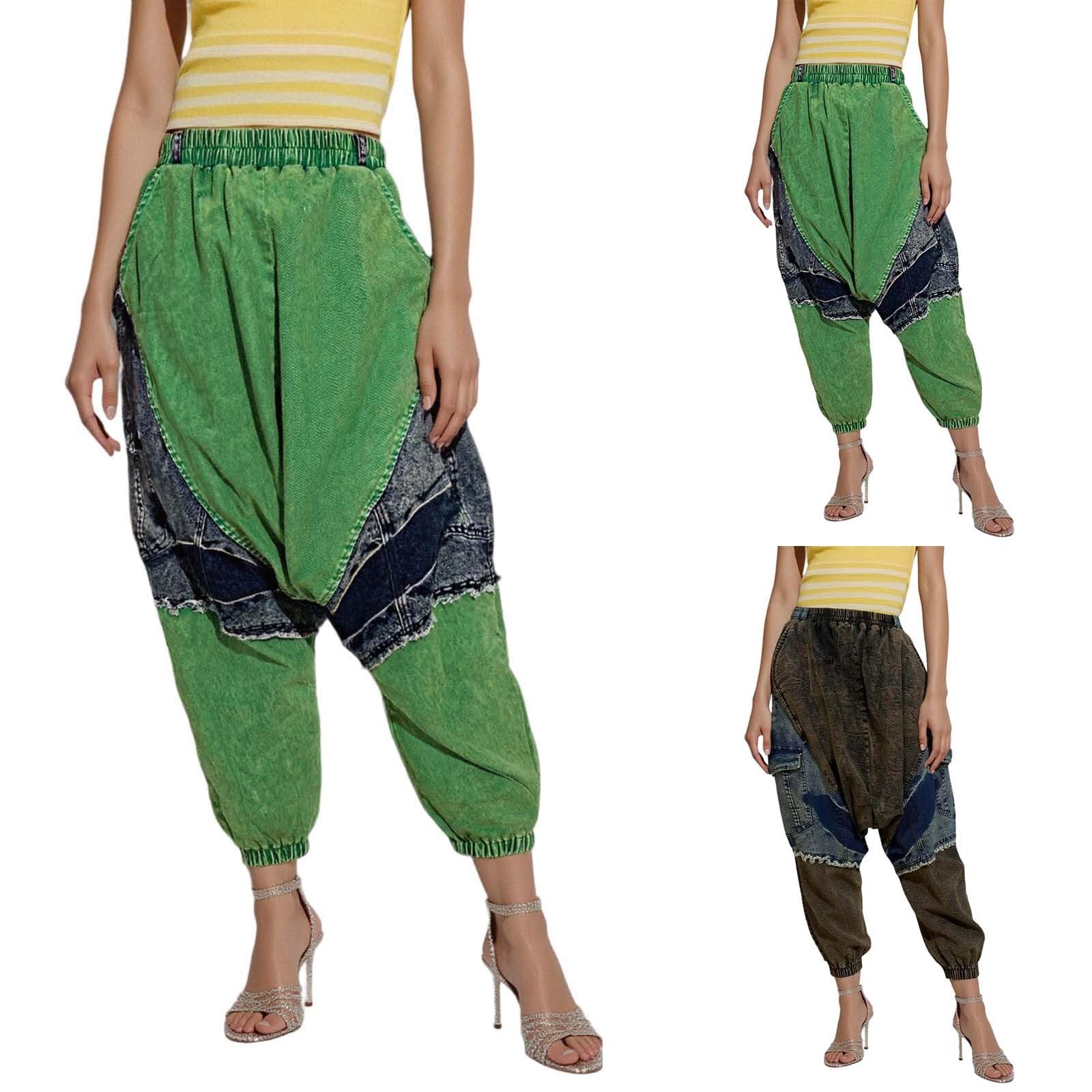 Pantalones harén hip hop para mujer, pantalones de patchwork, pantalones bombachos, pantalones de Aladino, pierna ancha, hippie, pantalones de mezclilla, pantalones informales, pantalones Goa con