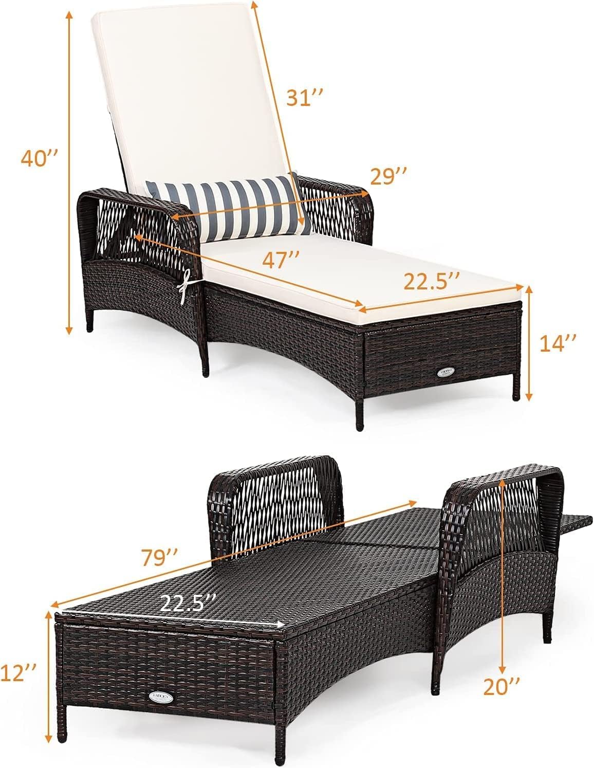 HAPPYGRILL PE Rattan Lounge Chair Set of 2, Outdoor Recliner Patio Chaise Lounger with Extra Waist Pillow, Reclining Chair with 6 Adjustable Gears for Outdoor Beach Pool Backyard