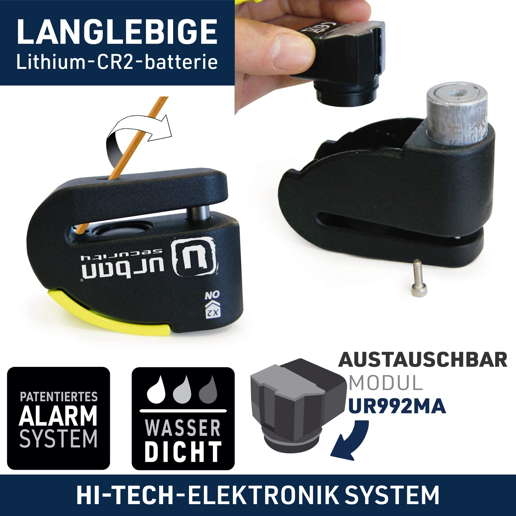 URBAN 999 Hi-Tech Bremsscheibenschloss mit Alarm 120dB ON/OFF Empfindlichkeit A+, Maximale Sicherheit mit SRA Zulassung, Doppelverriegelung ø14mm, Optionale Halterung, Motorradschloss mit Alarm