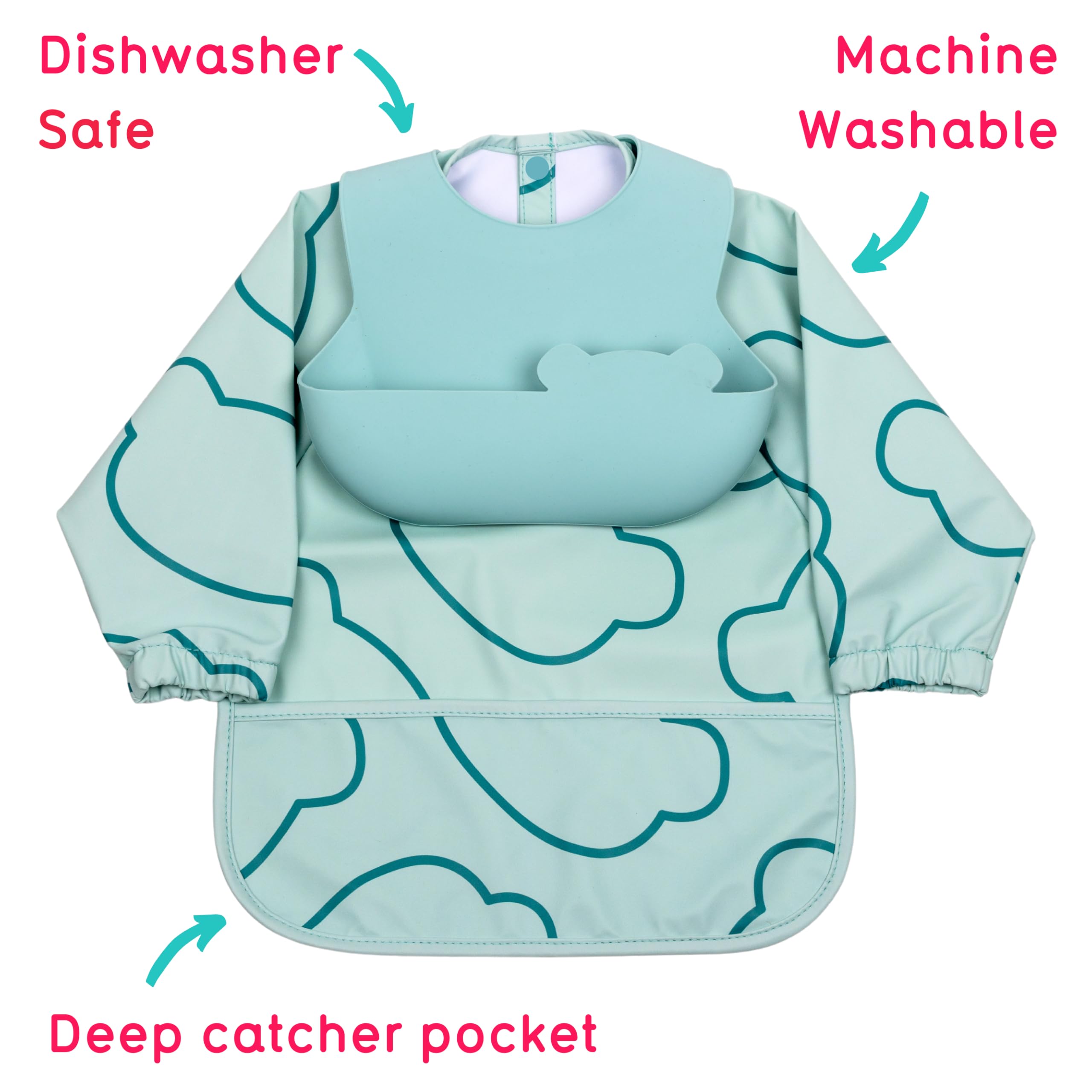 TUM TUM Double Up Baby Bibs Set, inc Long Sleeved Baby Coverall Bib and Silicone Baby Bib, Waterproof and Easy Wipe Clean - Image 2