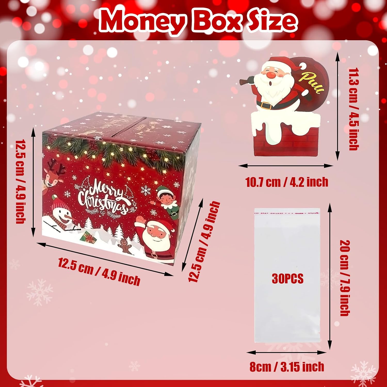 2025 Christmas Cash Pull Box – VARACL Santa Claus Surprise Money Gift Box with 30 Transparent Bags, Xmas Money Holder for Kids Adults Fun Cash Pulling Game, Christmas Party Decoration Supplies image 2