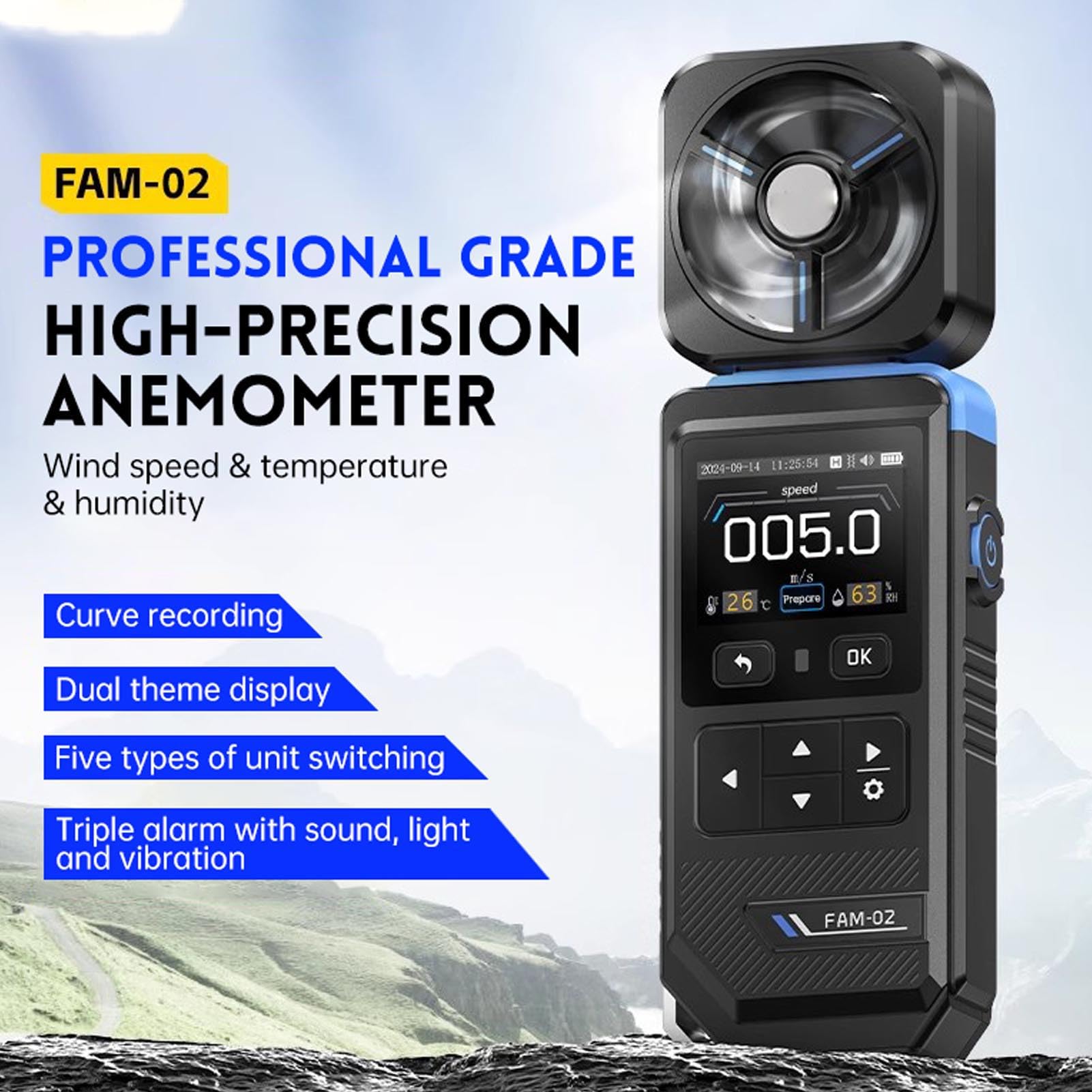 ViaGasaFamido Anemometro Digitale Portatile Misuratore di velocità e Temperatura del con Display a Colori Portata 30 M/s Ricaricabile Tramite USB per Uso Interno Esterno