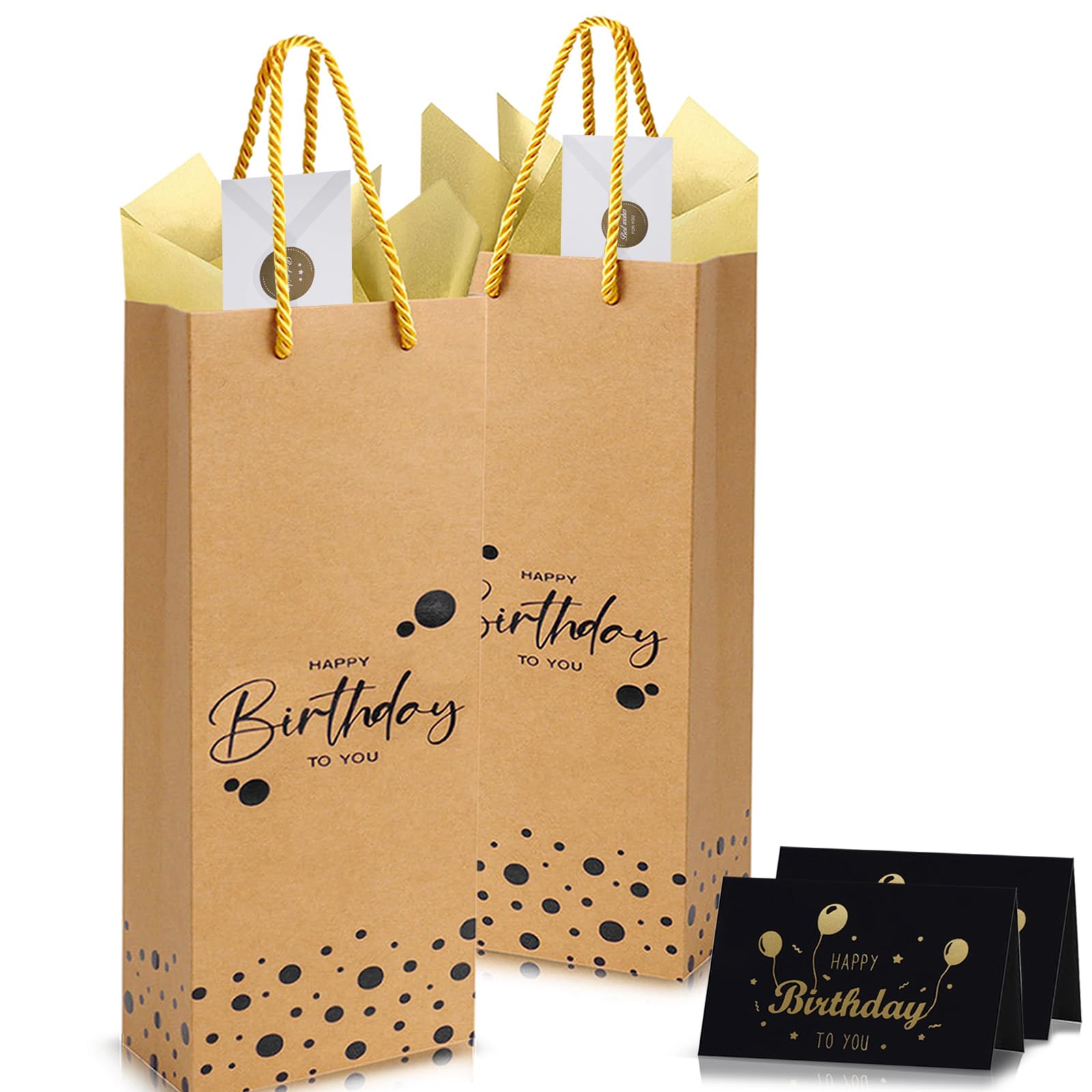 2 Pack Birthday Gift Bags for Bottles, Brown Wine Gift Bags with 4Pcs Tissue Paper & 2Pcs “Happy Birthday” Gift Cards, Spirits Tote Bag Bottle Bags for Man Women Birthday Party Supplies — image 1
