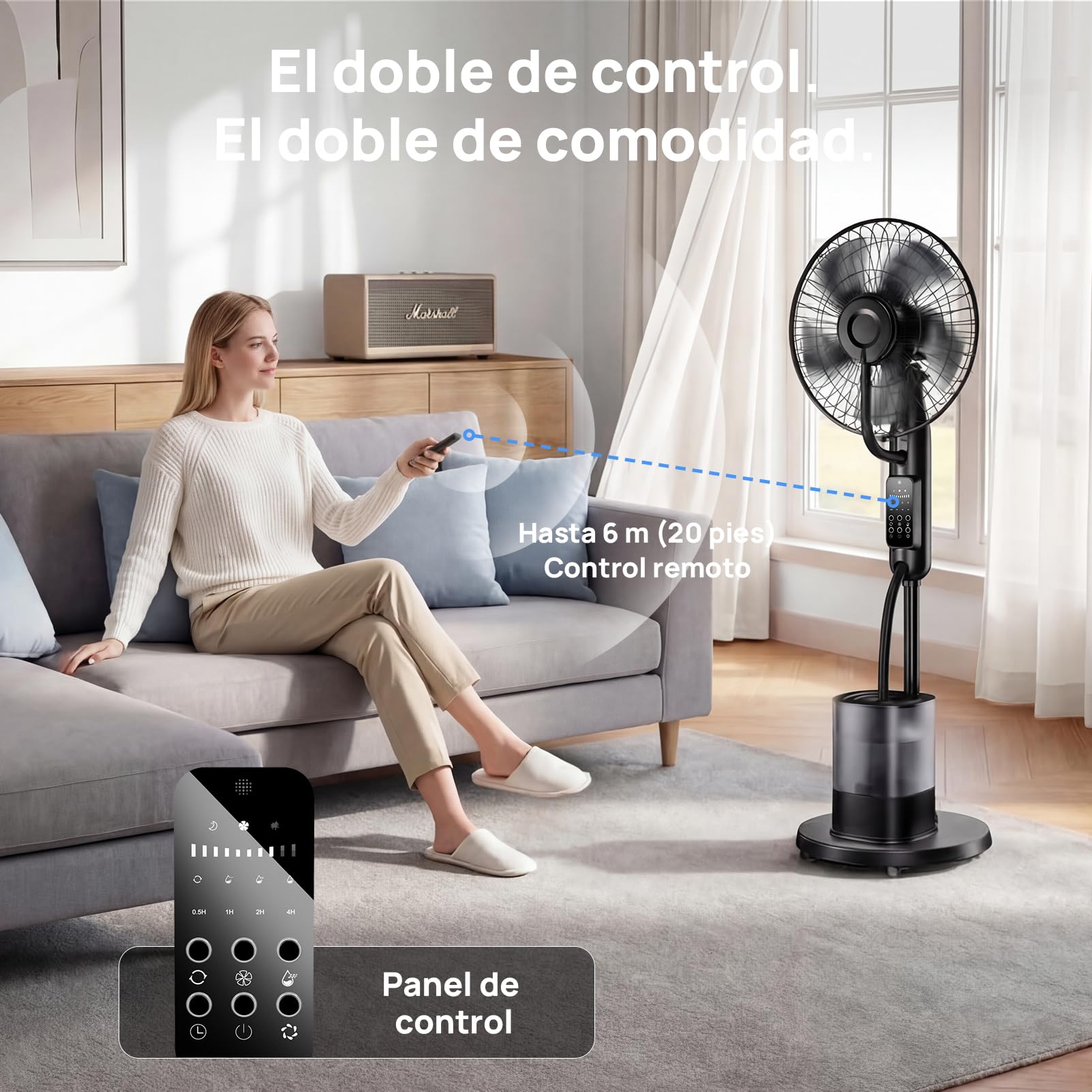 NebulaFlow Ventilador de Pie con Agua, 2026 Upgrade Depósito 4L, 7,5H, 5 Velocidades 3 Modos, Oscilante con Mando a Distancia