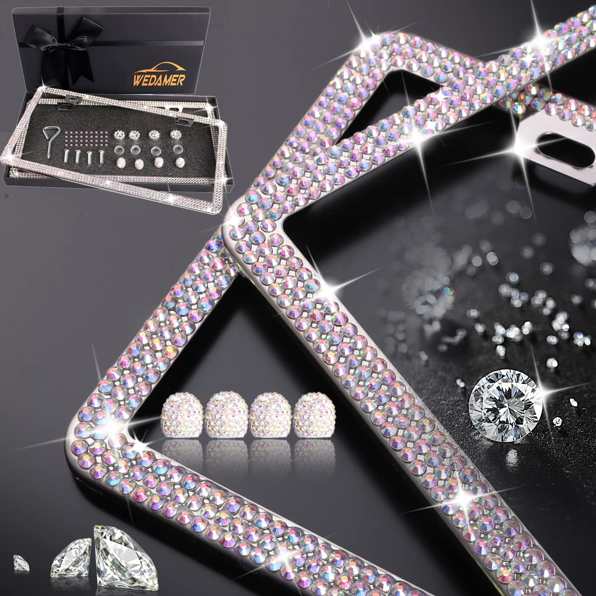 WEDAMER Bling Kennzeichenrahmen für Frauen, 2 Stück, Strass-Kennzeichenrahmen, glitzernd, Kennzeichenrahmen, Diamant-Kennzeichenrahmen, glitzernd, verzaubert, Nummernschild-Rahmenabdeckung, Halter für