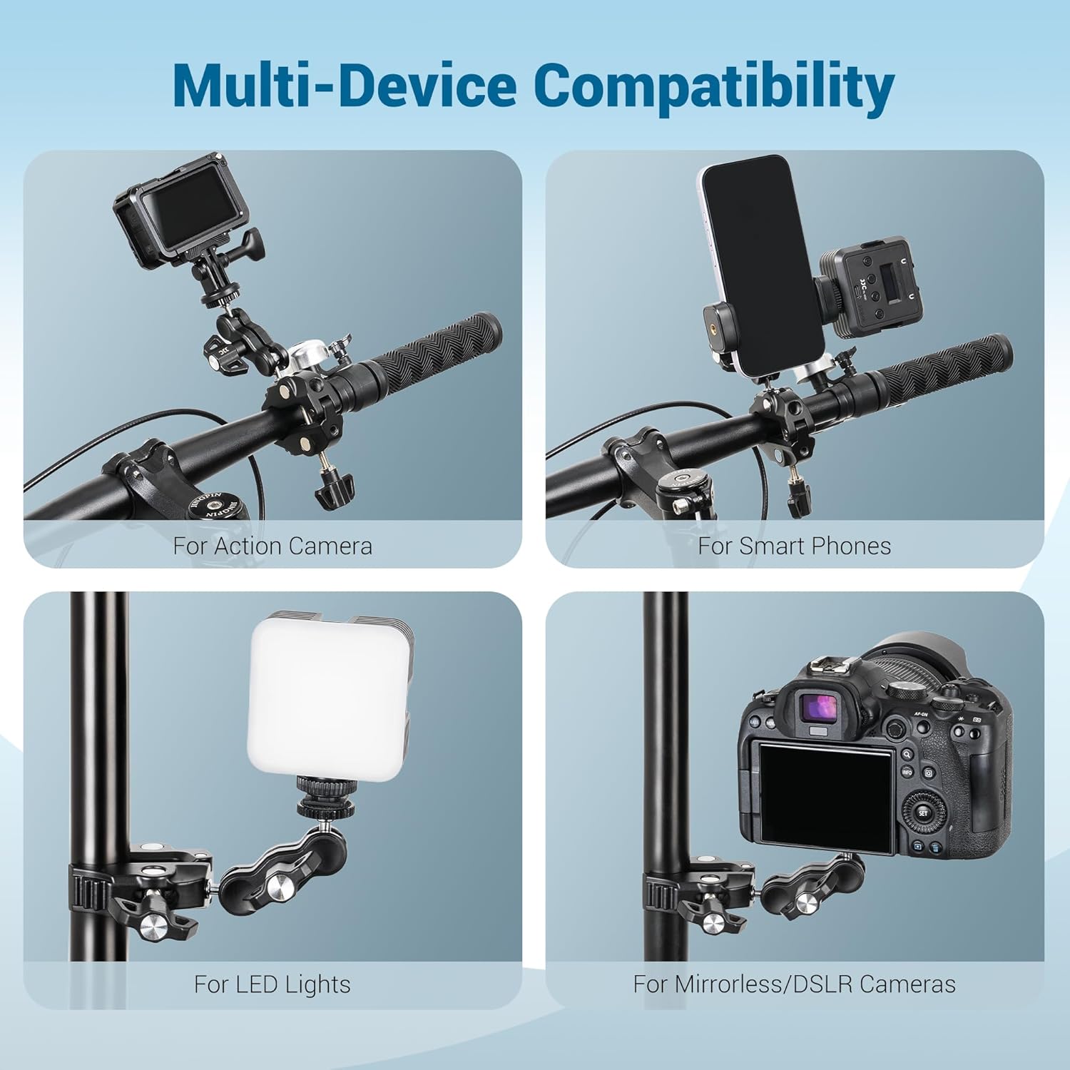 JJC Super Clamp Camera Mount, Dual Ballhead Aluminum Pole Mount w. 1/4“-20 & 3/8"-16 Thread Hole, Action Camera Mount and Phone Clip, for DJI Osmo Action GoPro, Crab Clamp for Desk Tripod Tube Rod