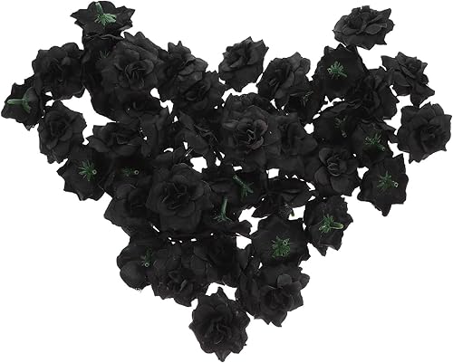 BESPORTBLE 50 rosas negras artificiales, cabeza de rosa sintética hecha a mano, cabeza de rosa falsa de seda, cabeza de rosa de simulación para
