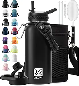 32 oz Insulated Water Bottle | Thickened Stainless Steel Vacuum Metal | Portable Sports Water Jug for Gym and Hiking with Straw, Carrier Bag, Handle Strap | BPA-Free 32 oz, Black