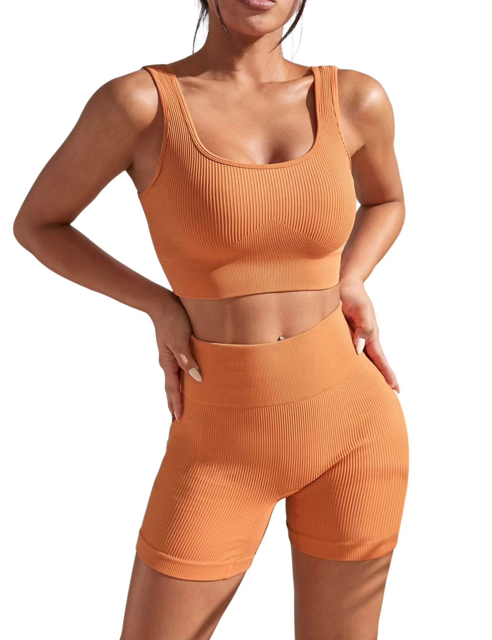 ABOCIWWomens Workout Sets 2 Piece Seamless Ribbed High Waist Shorts with Tank Crop Top Sport Bra Yoga Outfits