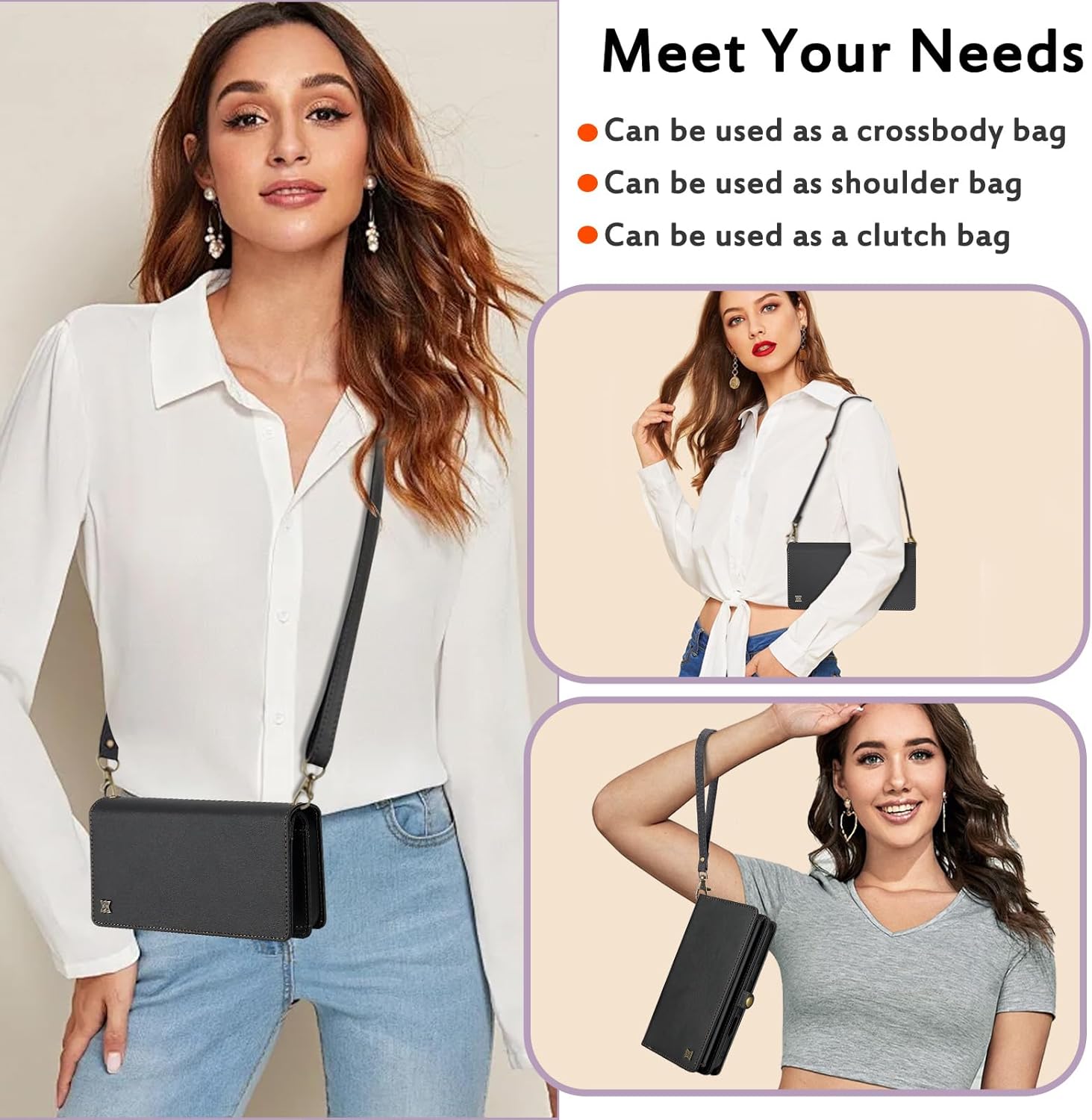 for Wallet Case Compatible with iPhone 17 Pro,Multi-Function Detachable 2 in 1 Magnetic iPhone 17 Pro Case Wallet,Flip Strap Zipper Card Holder Phone Case with Shoulder Straps (Black)