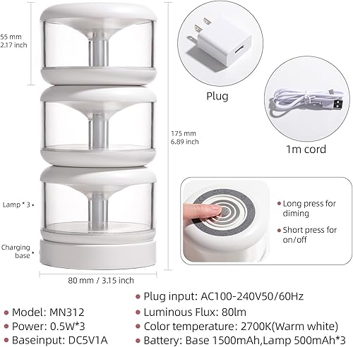 Miniatura 7 de oneleaf - Luz ambiental LED portátil, luz para la noche como lámpara de velas, tres luces con una base de recargable, interruptor táctil,