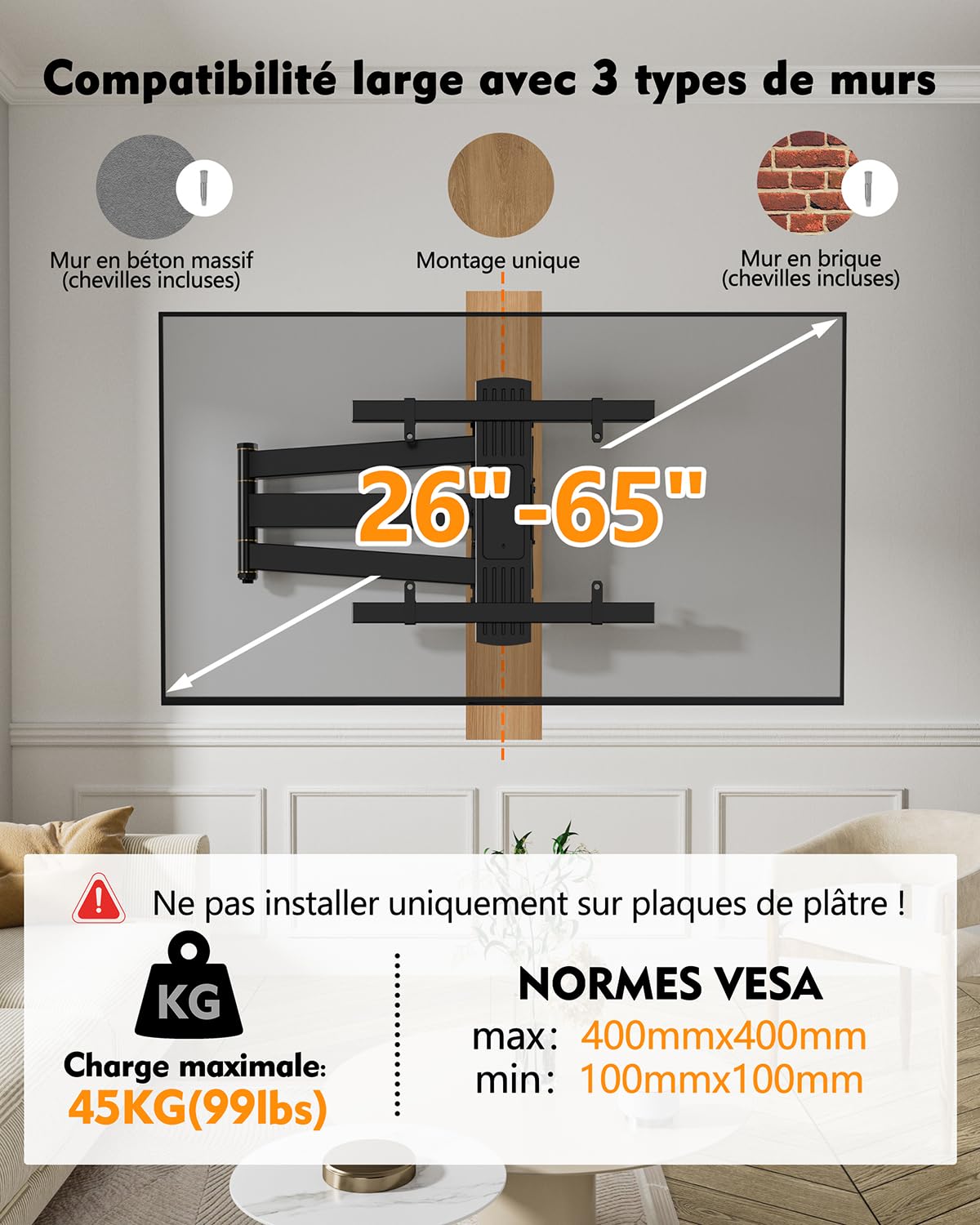 FORGING MOUNT Support Mural TV avec Bras Long de 943mm pour Écrans Plats/Incurvés de 26 à 65 Pouces jusqu'à 45 kg, Support TV Mural Articulé, Pivotant, Inclinable, Max VESA 400x400 mm