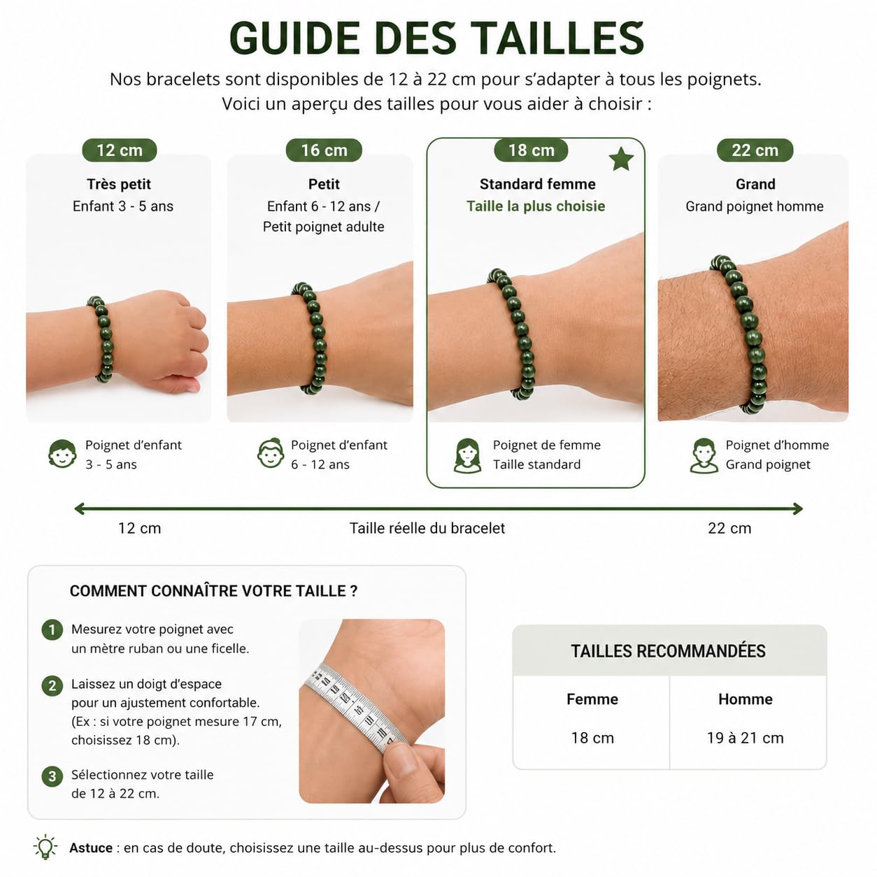 Bracelet Jade Vert émeraude en Pierres Naturelles Qualité AAA | Taille personnalisée de 12 à 22 cm au choix | Enfant - Adulte | Perles rondes 6 mm | Création Artisanale Française