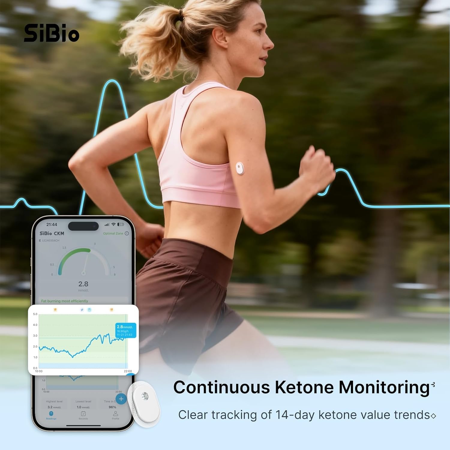 SIBIO KS3 Kontinuierliches Keton-Monitoring (CKM), 14-Tage Wearable-Sensor zur präzisen Ketose-Überwachung, professionelles Echtzeit-Tracking für ketogene & Low-Carb-Diäten, kompatibel mit iOS/Android