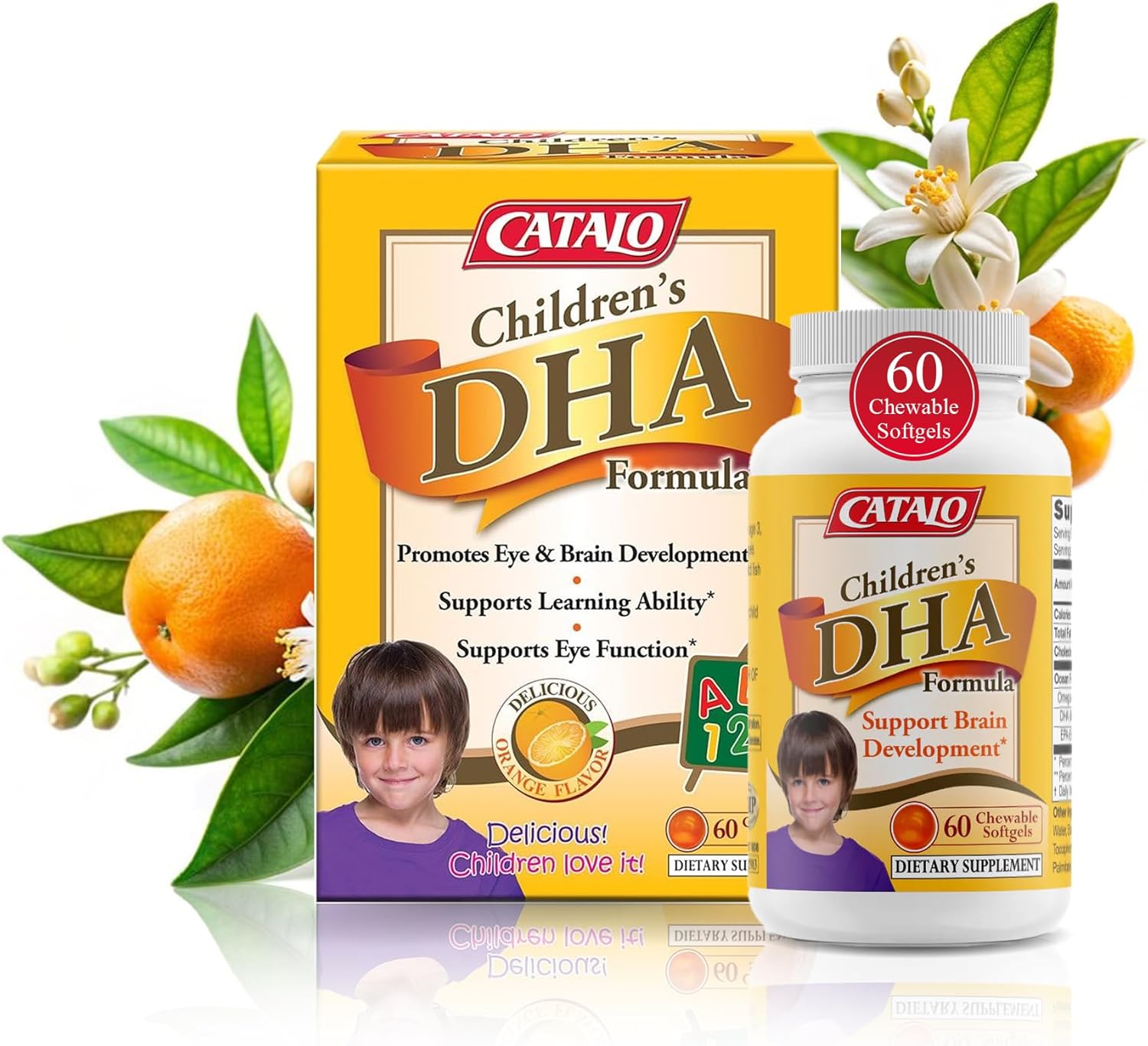 CATALO Children’s DHA Formula – Chewable Softgels with Fish Oil for Kids, 200mg DHA per Serving, Orange Flavor, Easy to Swallow or Mix with Food, 30 Softgels