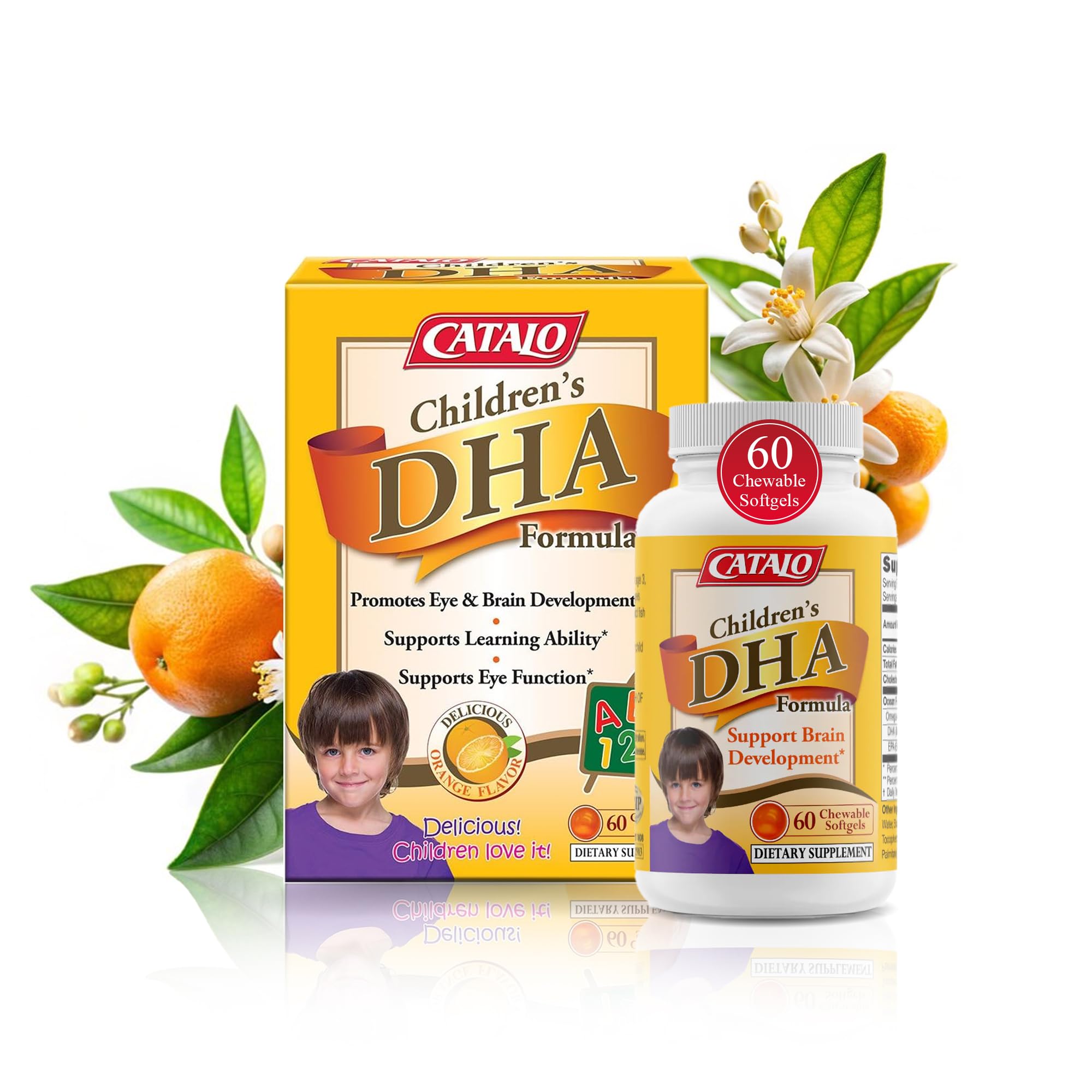 CATALO Children’s DHA Formula – Chewable Softgels with Fish Oil for Kids, 200mg DHA per Serving, Orange Flavor, Easy to Swallow or Mix with Food, 30 Softgels