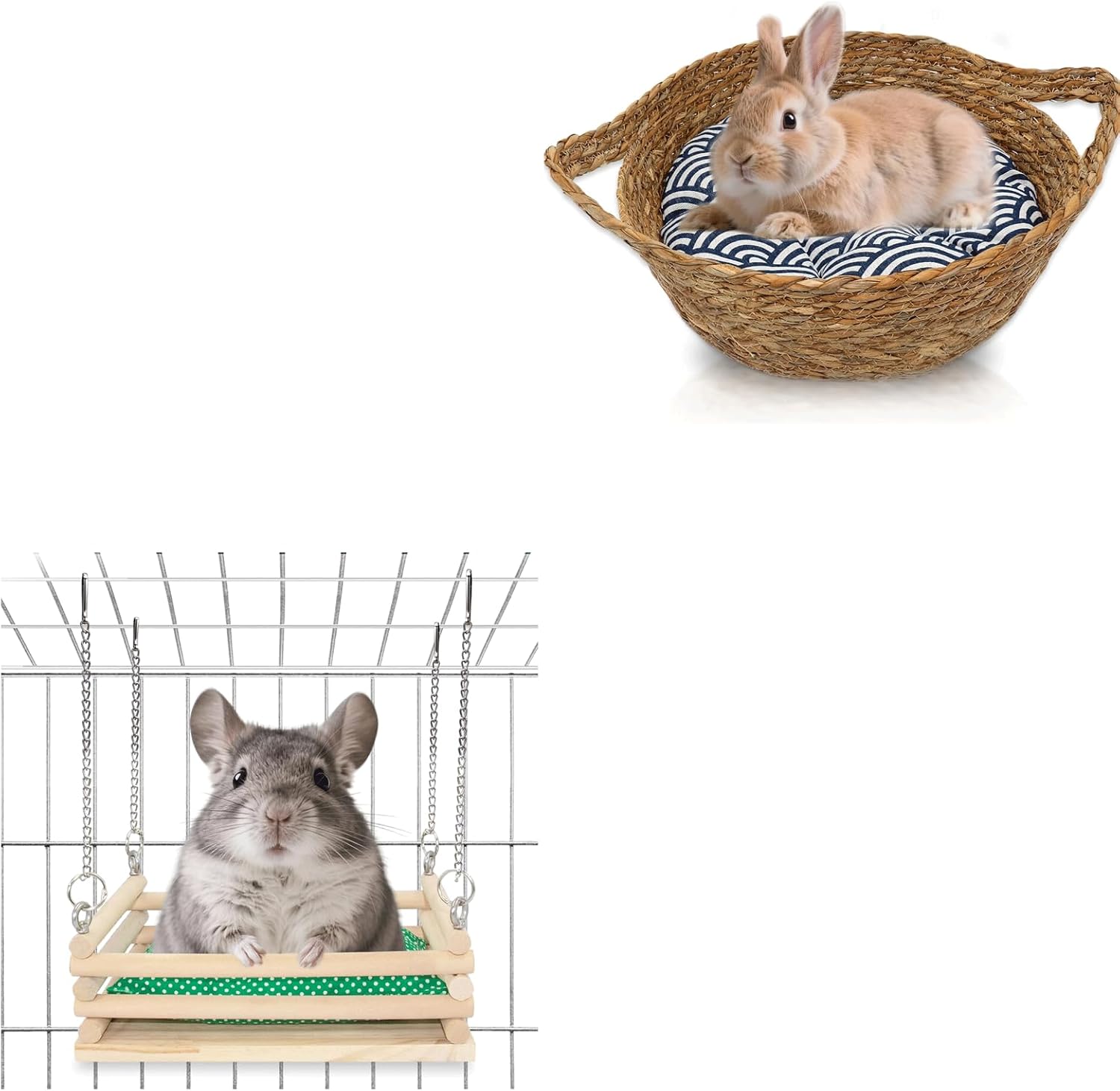 Large Grass Bunny Bed & Chinchilla Hammock Set - Natural Woven Rabbit Bed with Soft Mat for Indoor Play, Sleep & Claw Grinding - Chinchilla & Squirrel Friendly