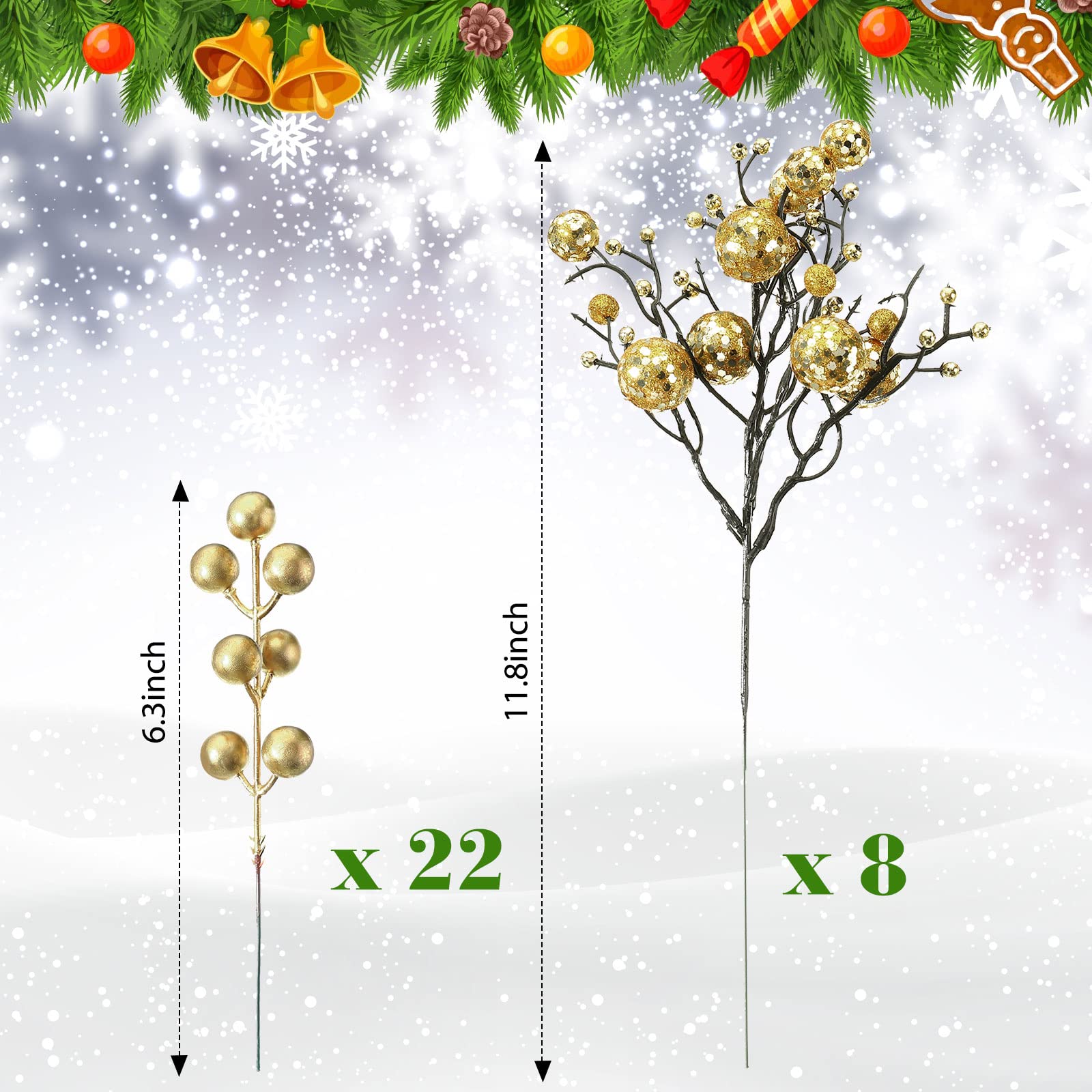 Chunyin Gold Glitter Picks for Christmas Tree, 30 Pieces Artificial Glitter Berries Stems Decorations 11.8 Inch and 6.3 Inch Artificial Picks for DIY Christmas Tree Ornaments