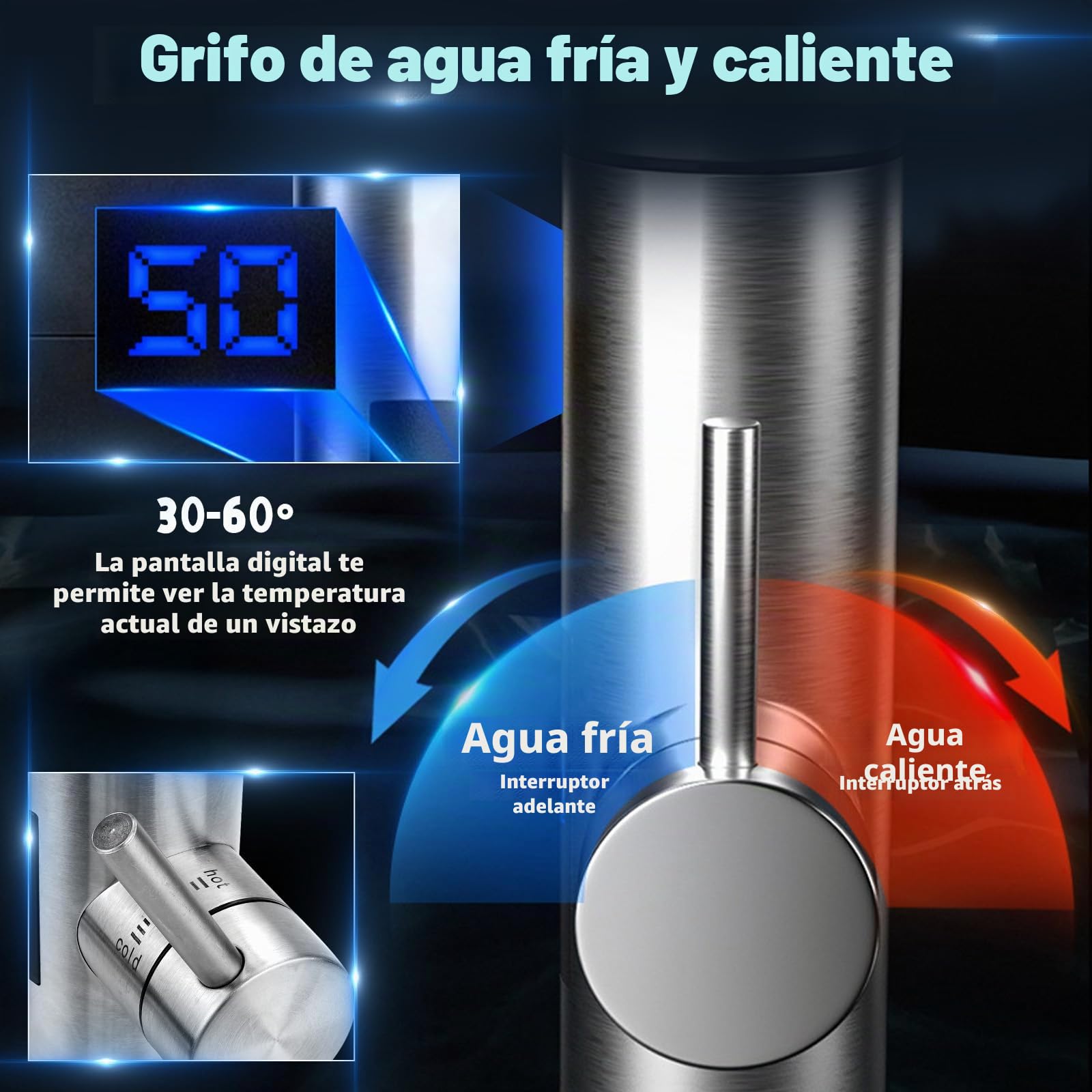 Grifo eléctrico con calentador de agua, 220 V y 3000 W, grifo de agua caliente, grifo de cocina, calentador inteligente, calentador de agua para cocina, jardín, baño, caravana, camping
