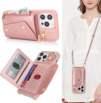 Lipvina iPhone 14 Pro Max Case with Strap RFID Card Holder Mobile Phone Case iPhone 14 Pro Max with Zip Band Ring Stand Case for Women Pink