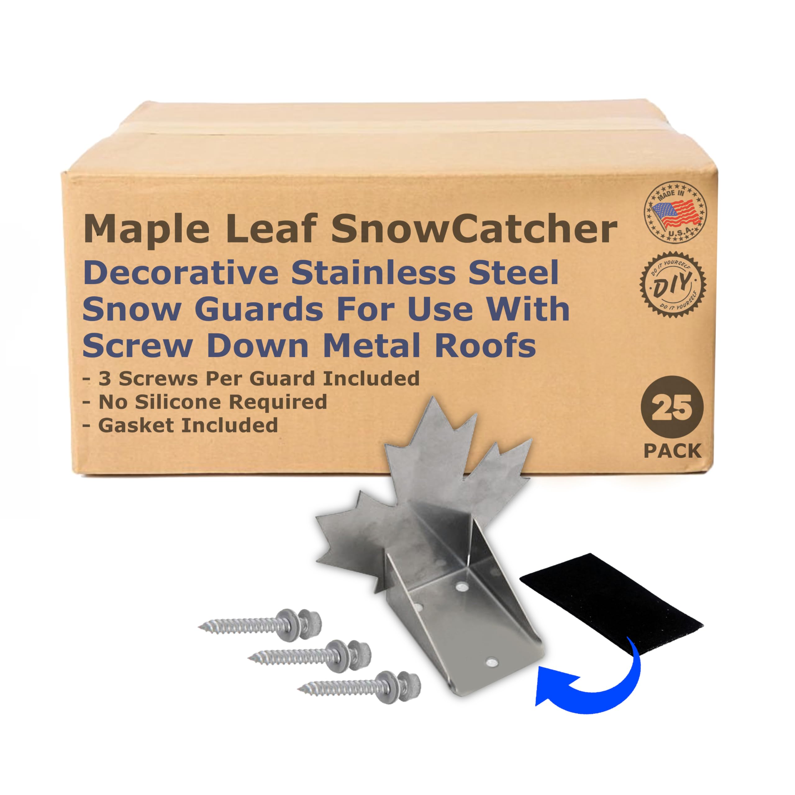 Decorative Snow Stops Stainless-Steel Maple Leaf Snow Guards for Metal Roofs (25 Pieces with Pads and Screws)