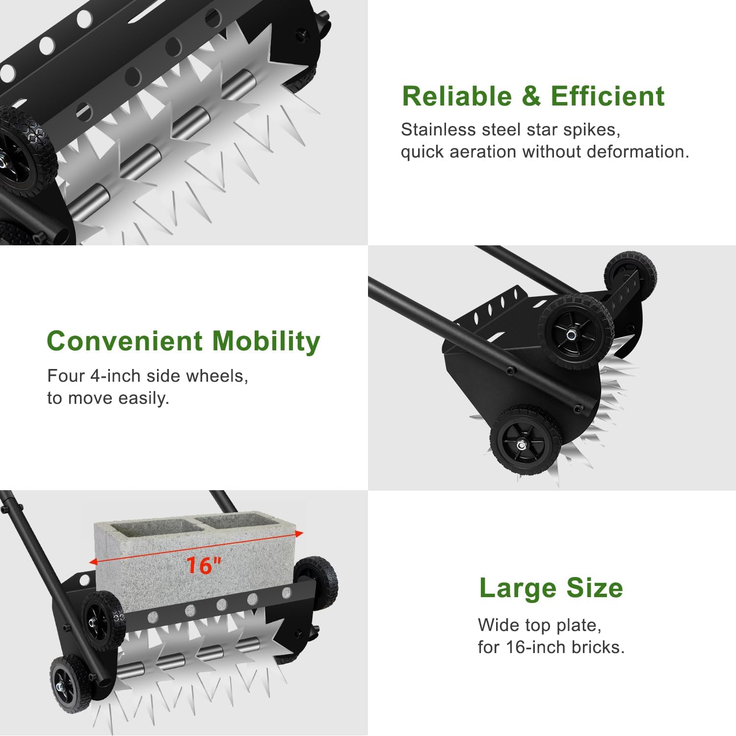 18-Inch Push Lawn Aerator with 4 Wheels,Push Spike Aerator,Heavy Duty Rolling Manual Yard Aerator Lawn Tool with 45inch Handle,Suitable for Lawn Garden Yard Grass Maintenance