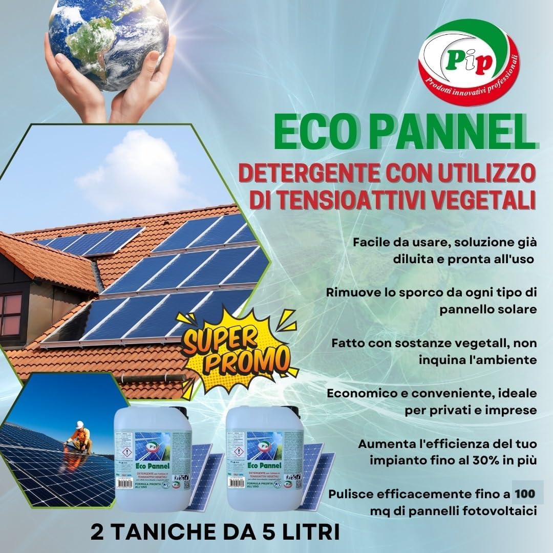 PIP Eco Pannel, Detergente Antistatico per Pannelli Fotovoltaici Pronto all'Uso 10 Litri, Made in Italy - Pulizia Pannelli Solari Vegetale ed Ecologico, Non Richiede Raccolta Acqua – Fino a 100 m²
