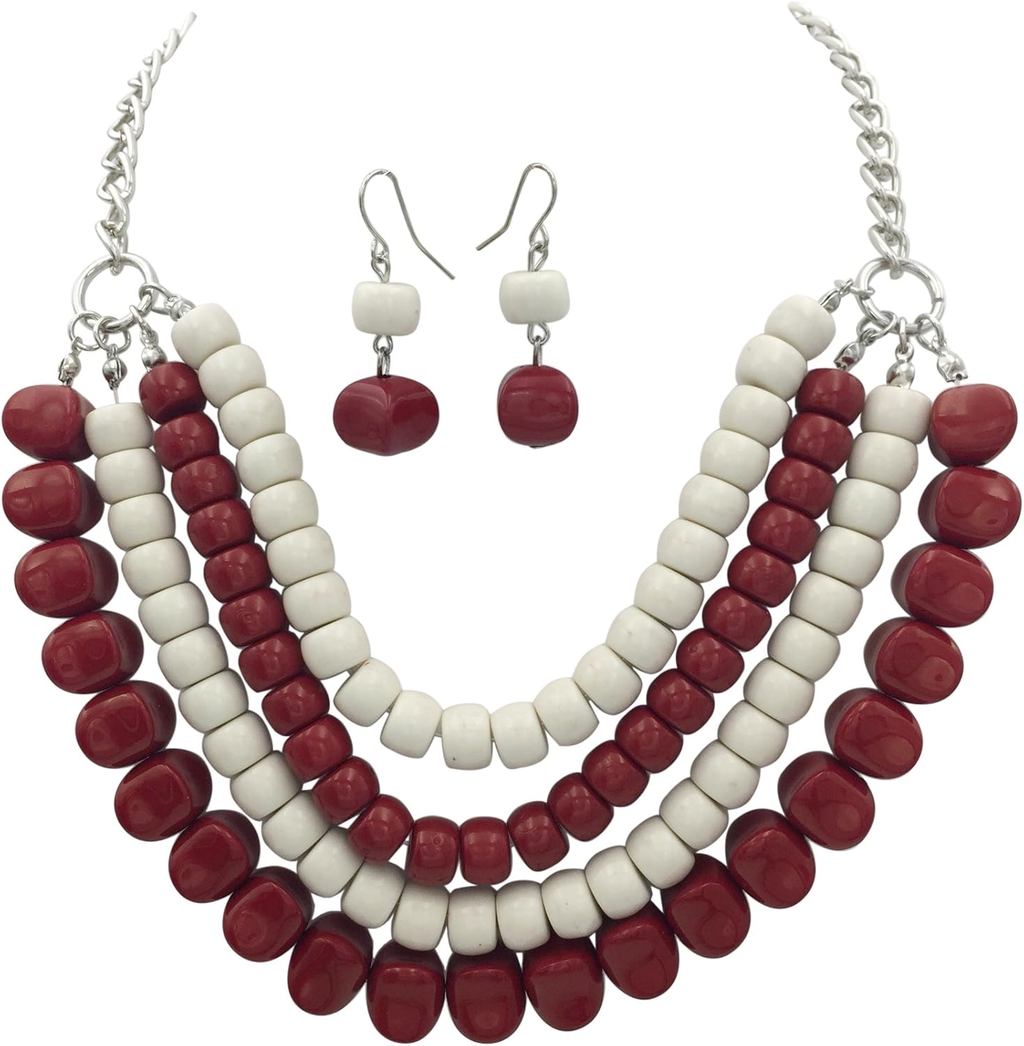Gypsy Jewels 4 Row Layered Bib Beaded Statement Necklace & Earrings Set (Maroon Red & White)