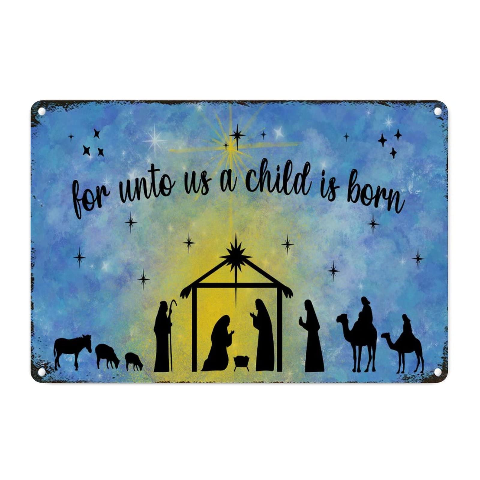 Crèche de Noël en métal bleu aquarelle | Tableau mural 30x45 cm