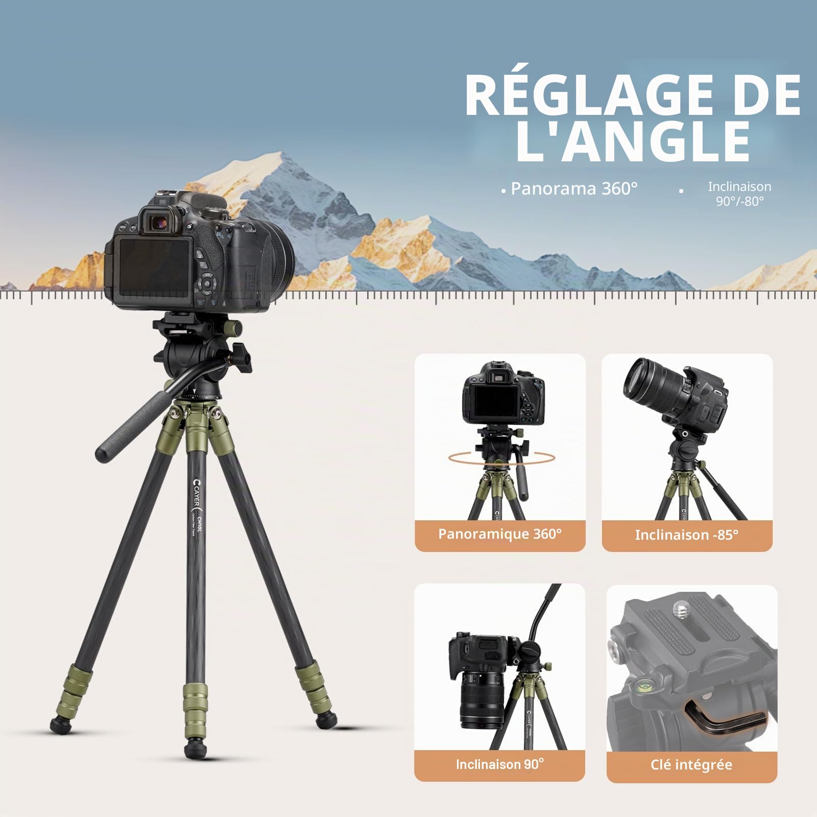 Cayer CH10L Trépied en Fibre de Carbone avec rotule Miniature S1, trépied de Bureau Compact 28", pour appareils Photo sans Miroir, caméscope, téléphone Portable, Webcam