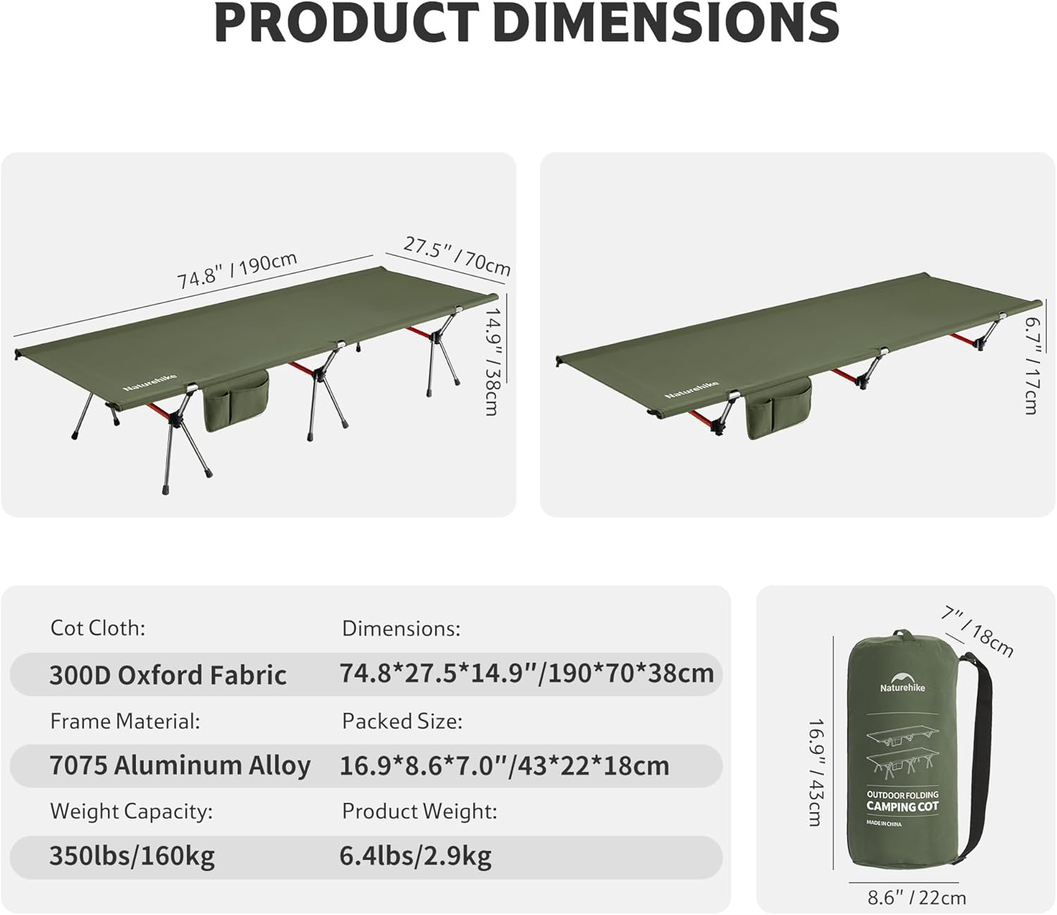 Naturehike ArmyWild Folding Camping Cot, Height Adjustable Ultralight Backpacking Cot, Portable Camping Bed for Camping Hiking Travel Home