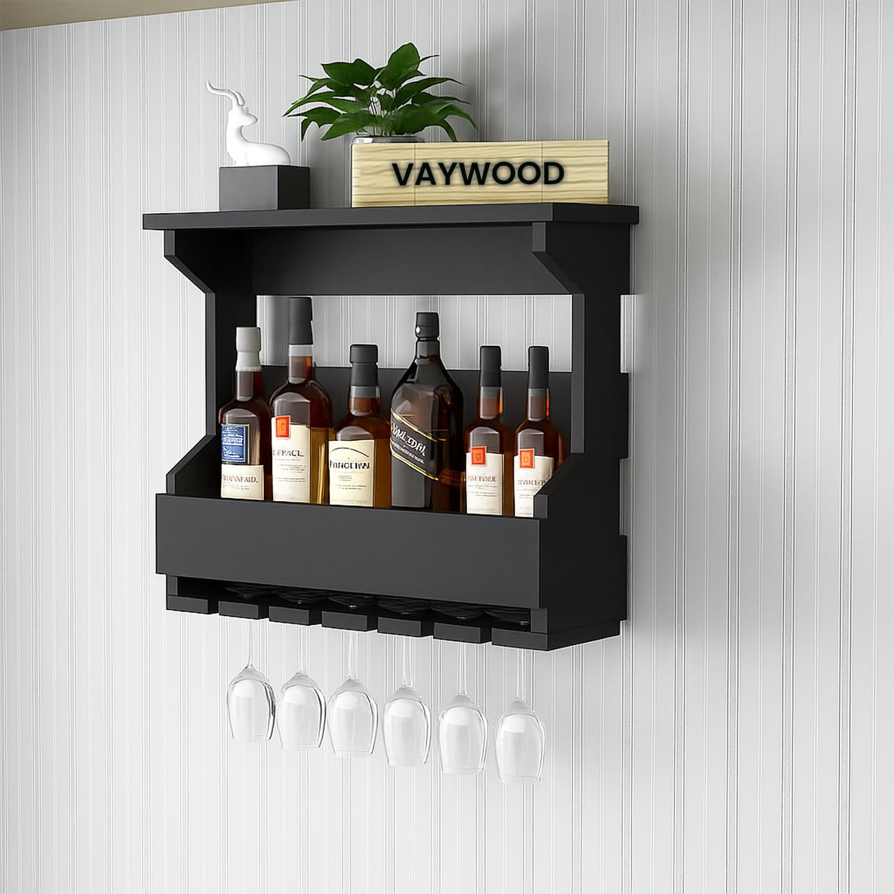 VAYWOOD Wooden Wall Hanging Design Bar | Bar Cabinets for Home | Mini Bar for Home | Wooden Make Wine Storage Cabinet with Glass Hanging Space in Black-image-12