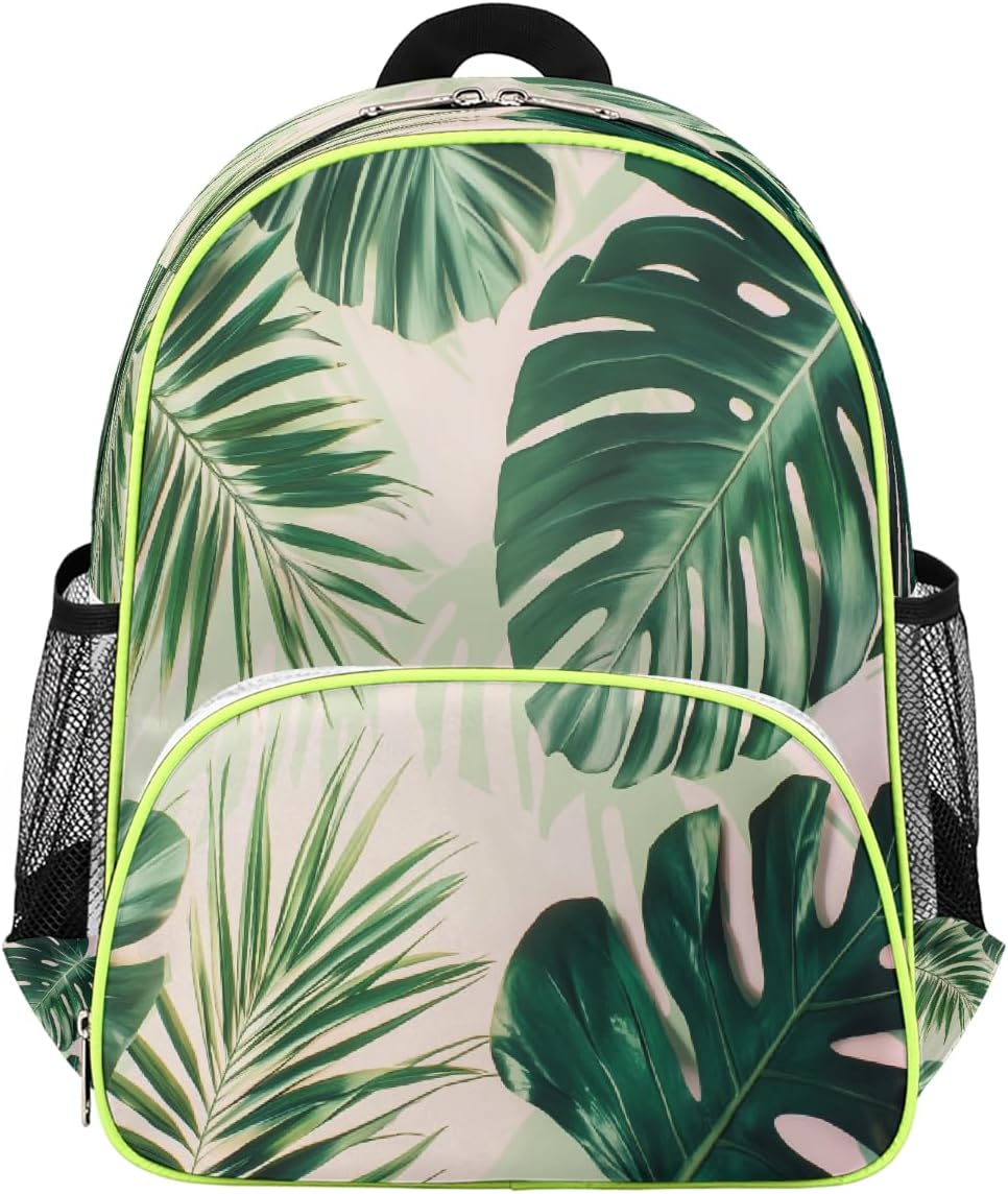 Tropical Palm Leaves Aesthetic Toddler Backpack for Preschool Boys Girls Lightweight Kids School Bag with Chest Strap and Water Bottle Holders, 10x4x14 Inch