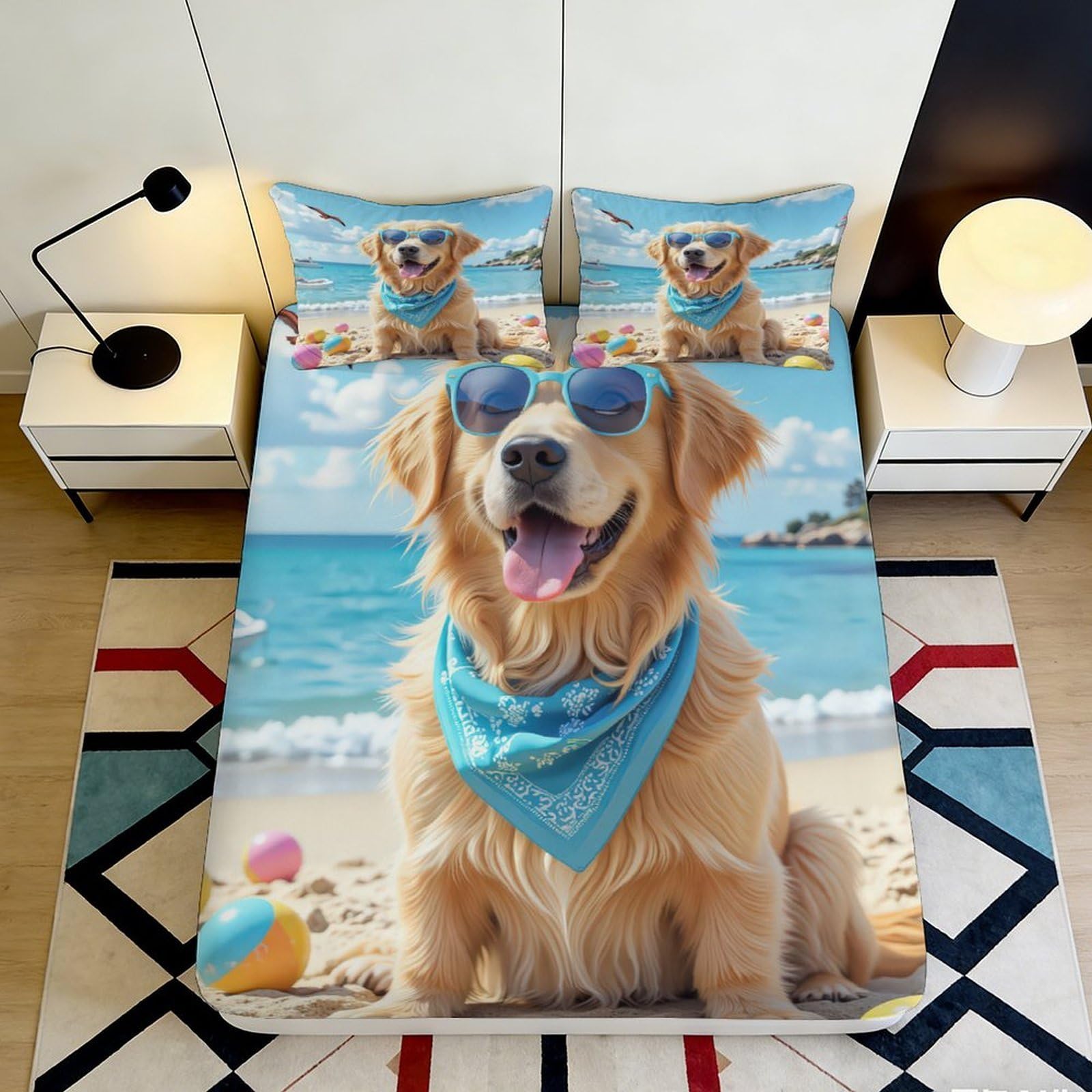3D Printed Beach Sunglasses Dog Fitted Sheet Microfiber Soft Bed Sheet for Bedroom Guest Room Decor 90x200x25cm