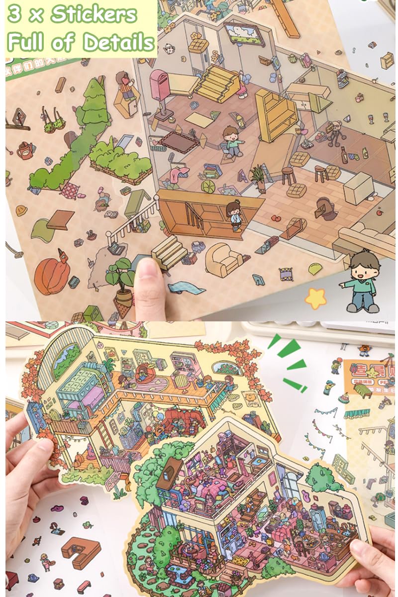 Lot De 20 Autocollants 3D Scènes Pour Enfants - DIY Maison, Restaurant, Supermarché, Avec 2 Pincettes - 7