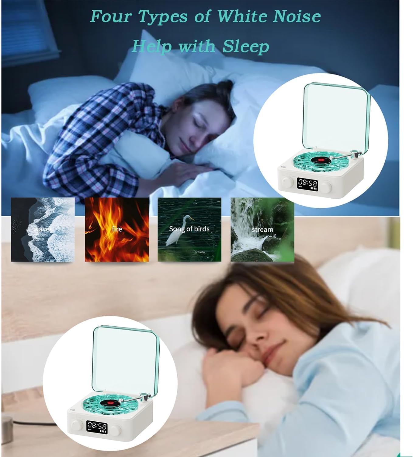 Giradischi The Waves Con Luce RGB E Suoni Della Natura – Altoparlante Bluetooth Vintage (Bianco)