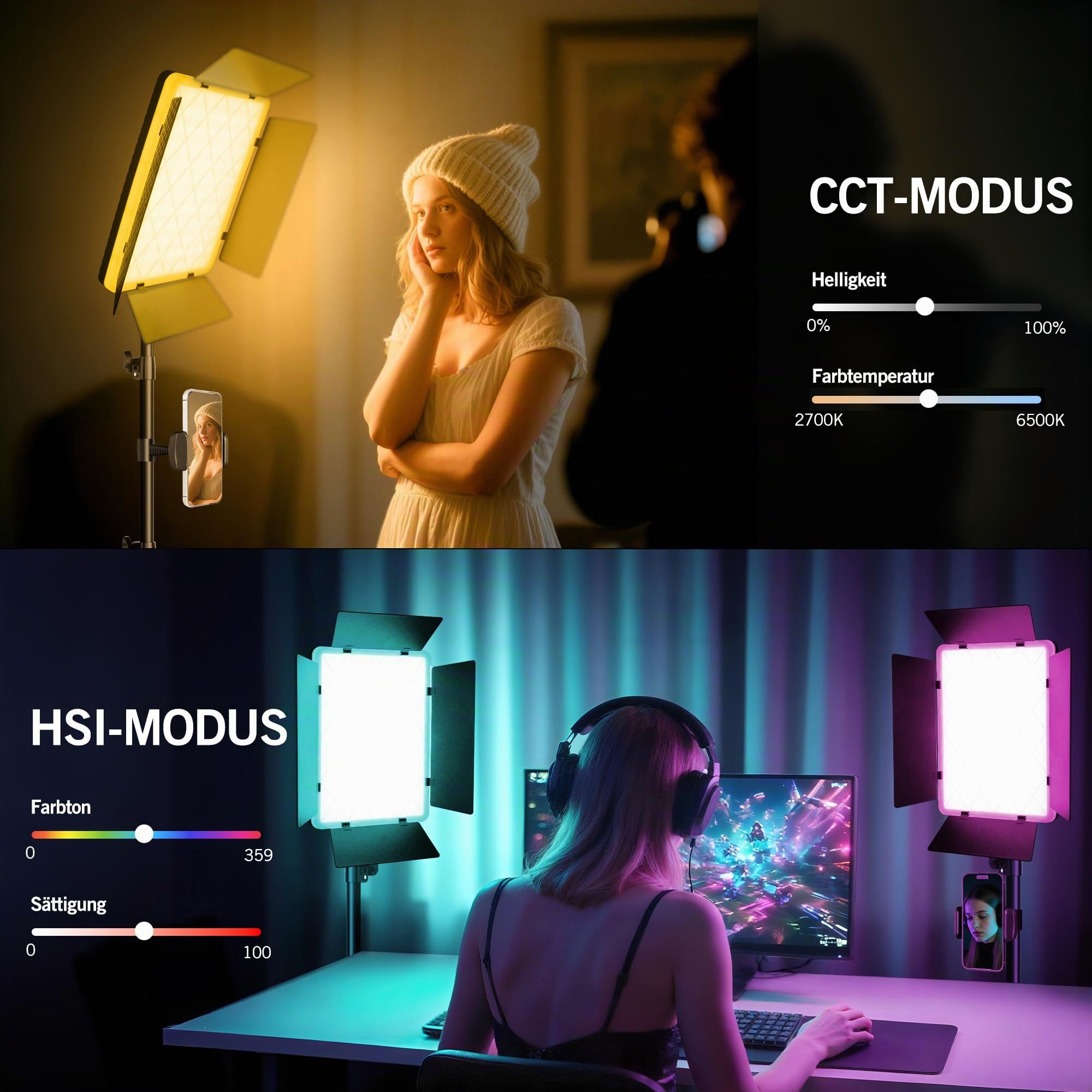 Niceveedi 15" RGB Videolicht, 2-Pack 40W LED Foto licht mit Fernbedienung und Handyhalterung, 2700K-6500K Studio Panel Licht mit RGB/CCT/HSI/Szenenmodus für YouTube/TikTok/Live-Streaming (1 Pack)