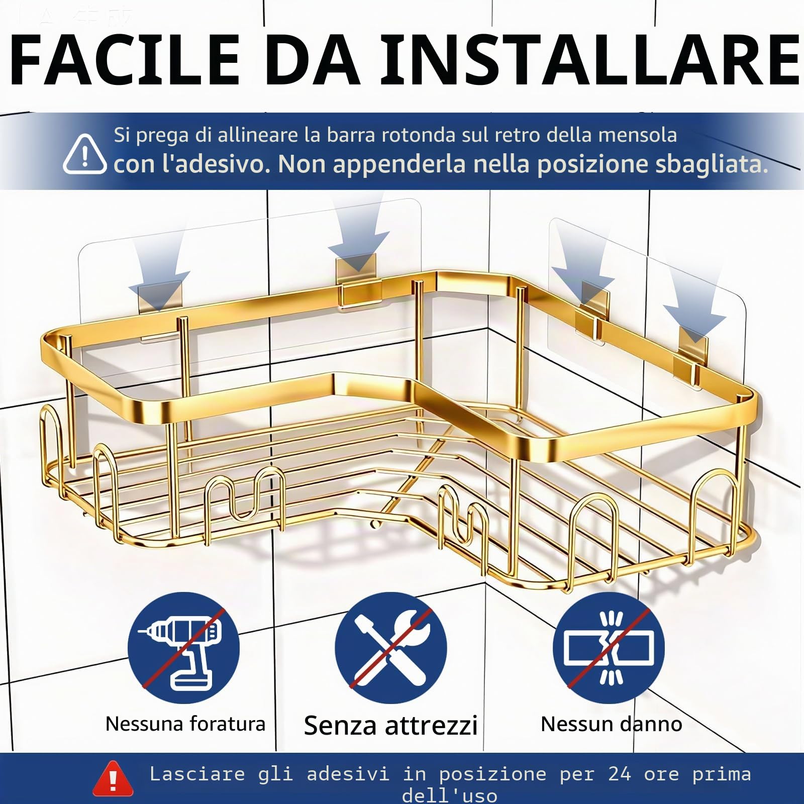 Menbyci Confezione da 3 mensole angolari per doccia, mensole adesive da bagno con 18 ganci, organizer per doccia senza trapano e ad asciugatura rapida con grande capacità, in acciaio inossidabile