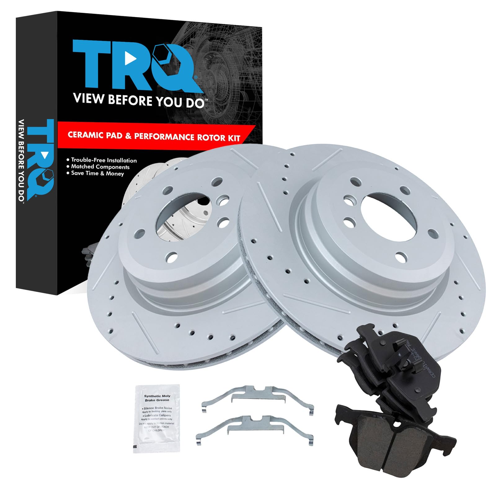 TRQ Rear Brake Pad &amp; Rotor Kit Performance Ceramic Premium G-Coated Compatible with 2006 BMW 330i 330xi 2009-2011 335d 2007-2013 335i 2009-2013 335i xDrive 2011-2013 335is 2007-2008 335xi 2013-2015 X1