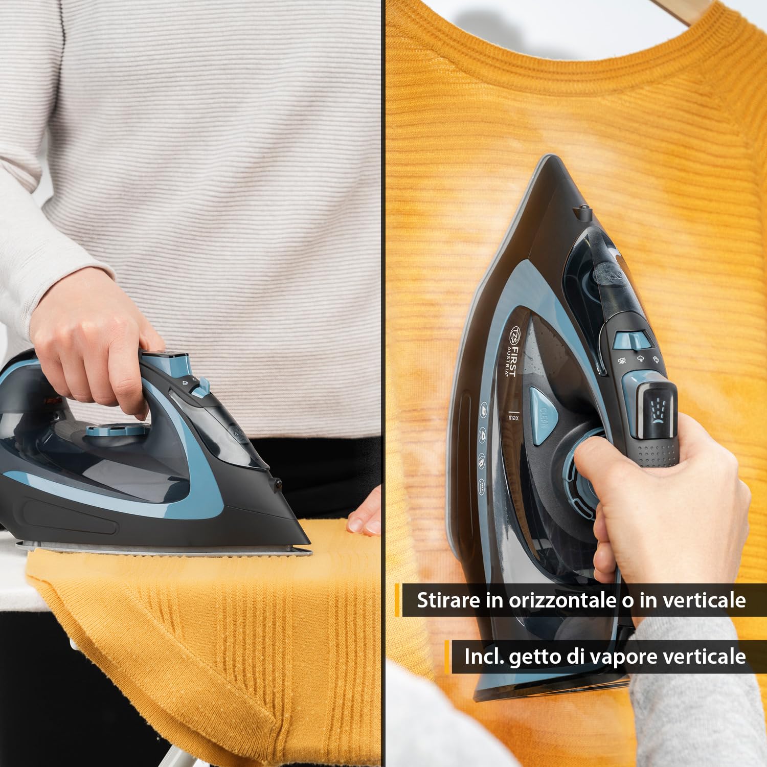 TZS First Austria - Ferro da stiro a vapore senza fili con stazione 2400W - Con serbatoio da 450 ml, sistema antigoccia, temperatura & intensità regolabile e piastra in ceramica - Con vapore verticale