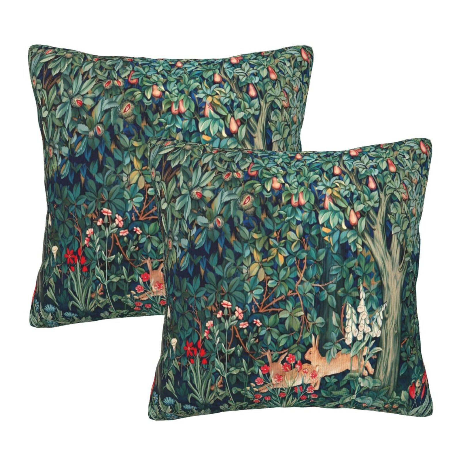 Keebik William Morris Fox Hares Blue Green Floral Fores Throw Pillow Covers Set of 2 Cushion Covers for Couch Home Bed Living Room Decorative Pillow Cases 18x18 Inch