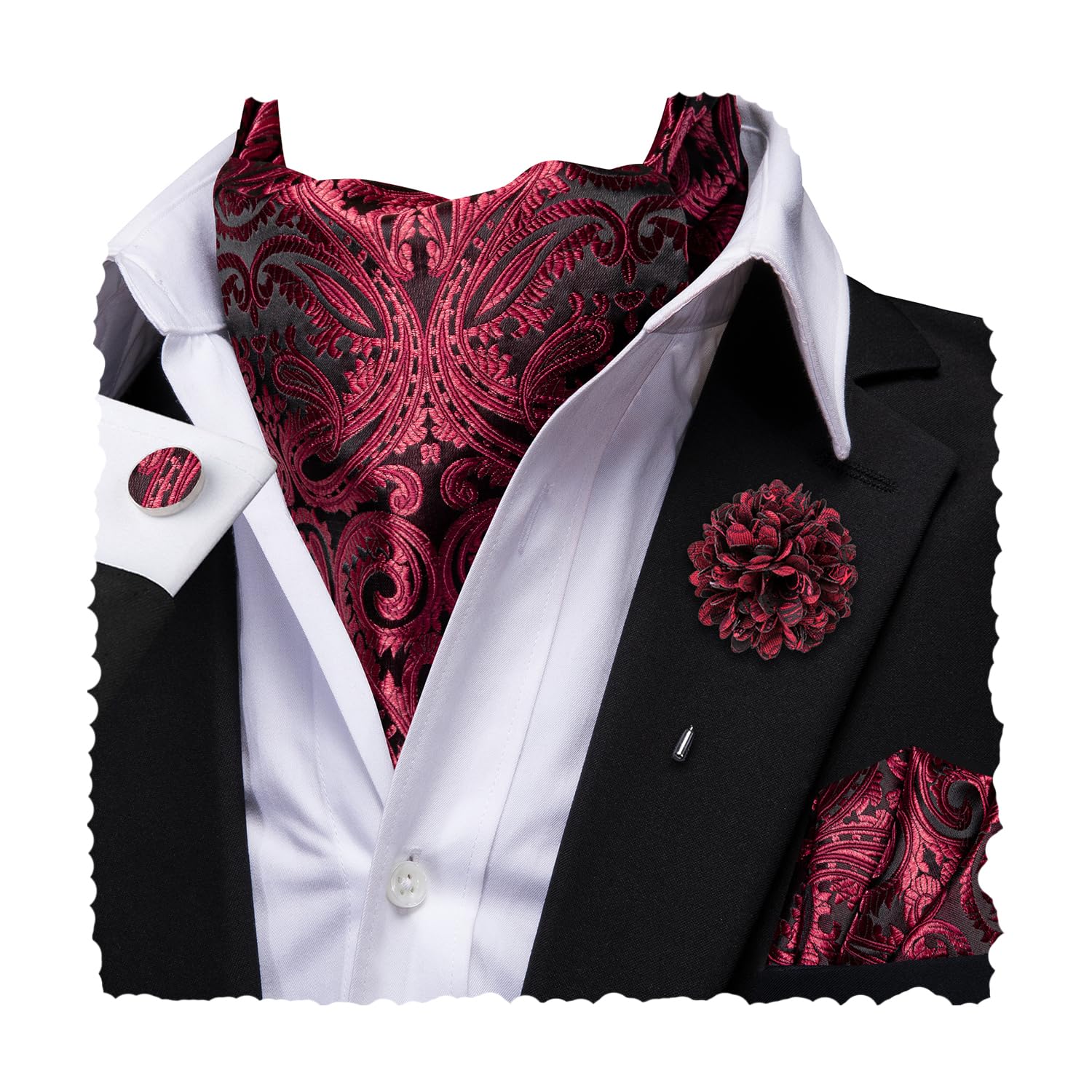 Hi-Tie Silk Ascot for Men Self Tie Men's Cravat and Flower Lapel Pin Handkerchief Cufflinks Set for Wedding Party