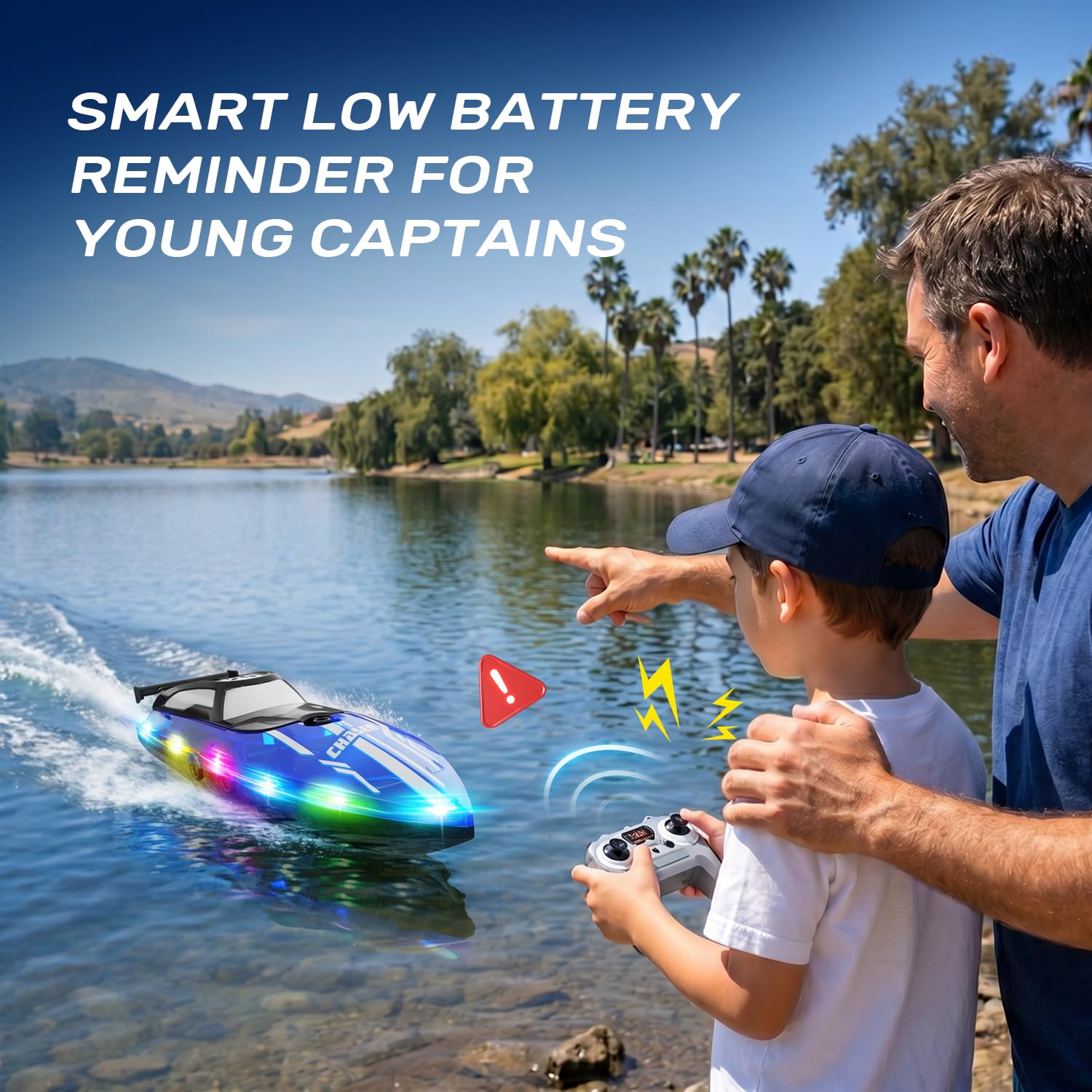 Condition photo showing Good Condition for joi mew remote control boat for kids, fast rc boat with led lights for pools & lake, 2.4ghz racing speed remote electric boat for ages 8-12, upgraded waterproof, summer outdoor fun for boys girls