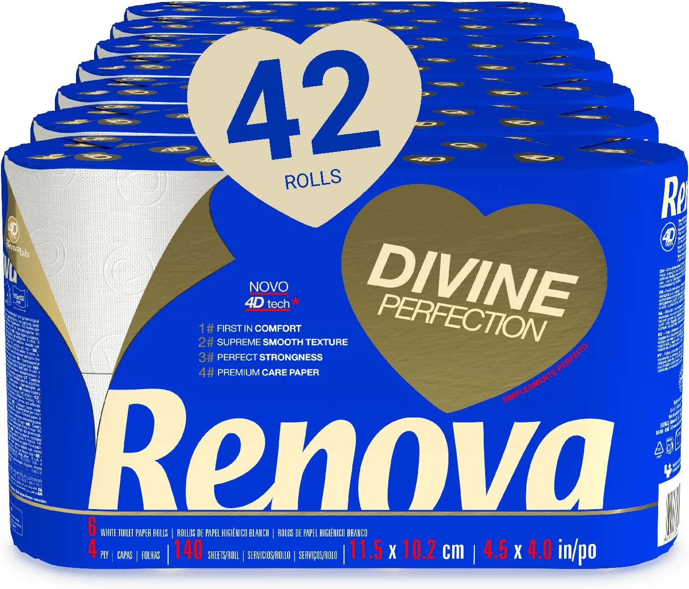 Renova Renova Divine Perfection Toilet Paper, 42 Rolls Premium 4 Ply Ultra Soft, More Strength, Thickness, Softness and Absorbency, FSC Certified Paper 4400g