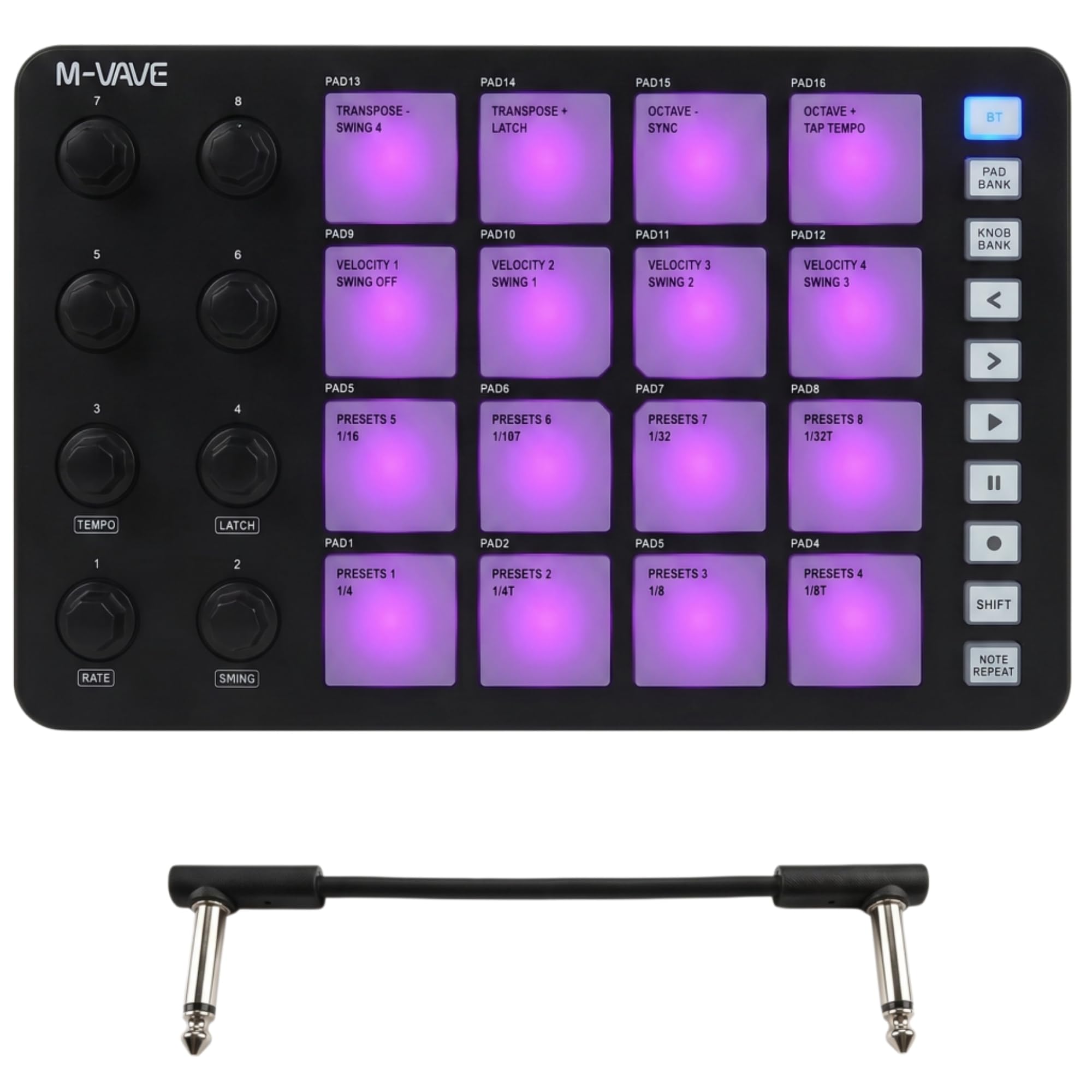 M-VAVE SMC-PAD Contrôleur MIDI portable sans fil Bluetooth avec coussinets sensibles à la vitesse, Beat Maker, câble audio blanc de 6,35 mm (noir)