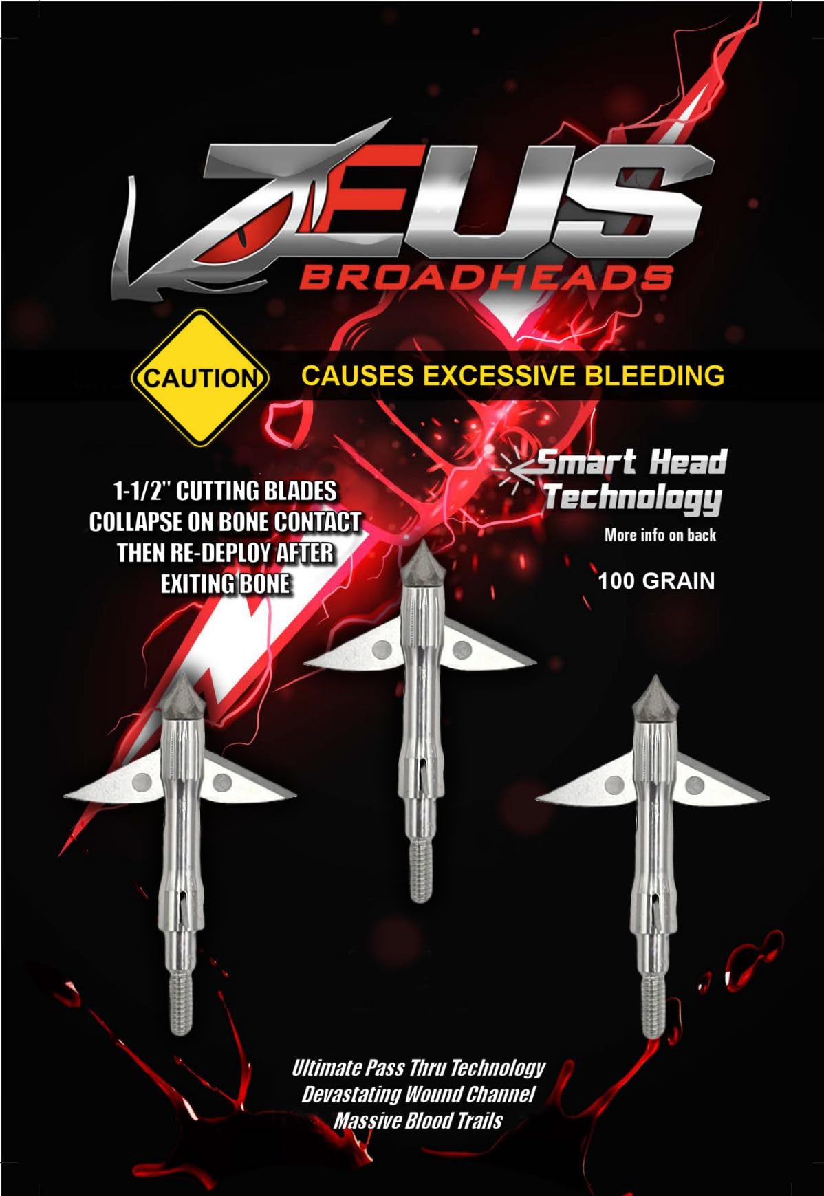 Killz Products Zeus 100 Grain BROADHEADS with Patented Smart Head Technology (3 Pack), Hunting Arrow Heads Patented Tip and Blades, 4 Blades