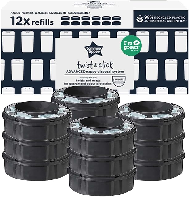 Tommee Tippee Twist & Click Advanced, Wkłady wymienne do kosza na zużyte pieluchy, z antybakteryjnej folii GREENFILM pozyskanej ze zrównoważonego źródła; 12 X Wkłady do kosza na pieluchy