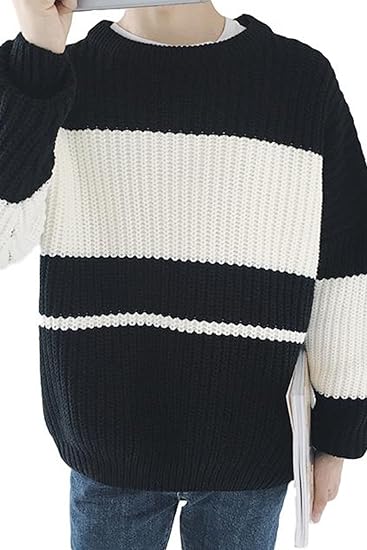 Amazon Tafys ボーダー セーター メンズ ニット ストライプ ニットセーター ラウンドネック オーバーサイズ ゆったり ブラック ブルー 02 ブラック L セーター 通販